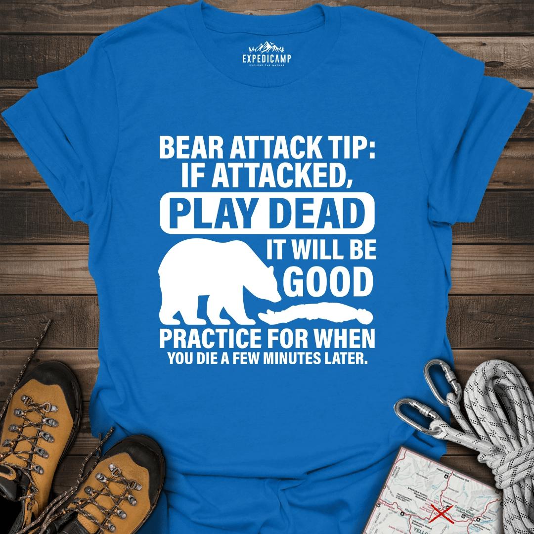 Bear Survival Tip If Attacked Play Dead T-Shirt – Royal – Outdoor apparel for travel, hiking, camping, and nature lovers – ExpediCamp