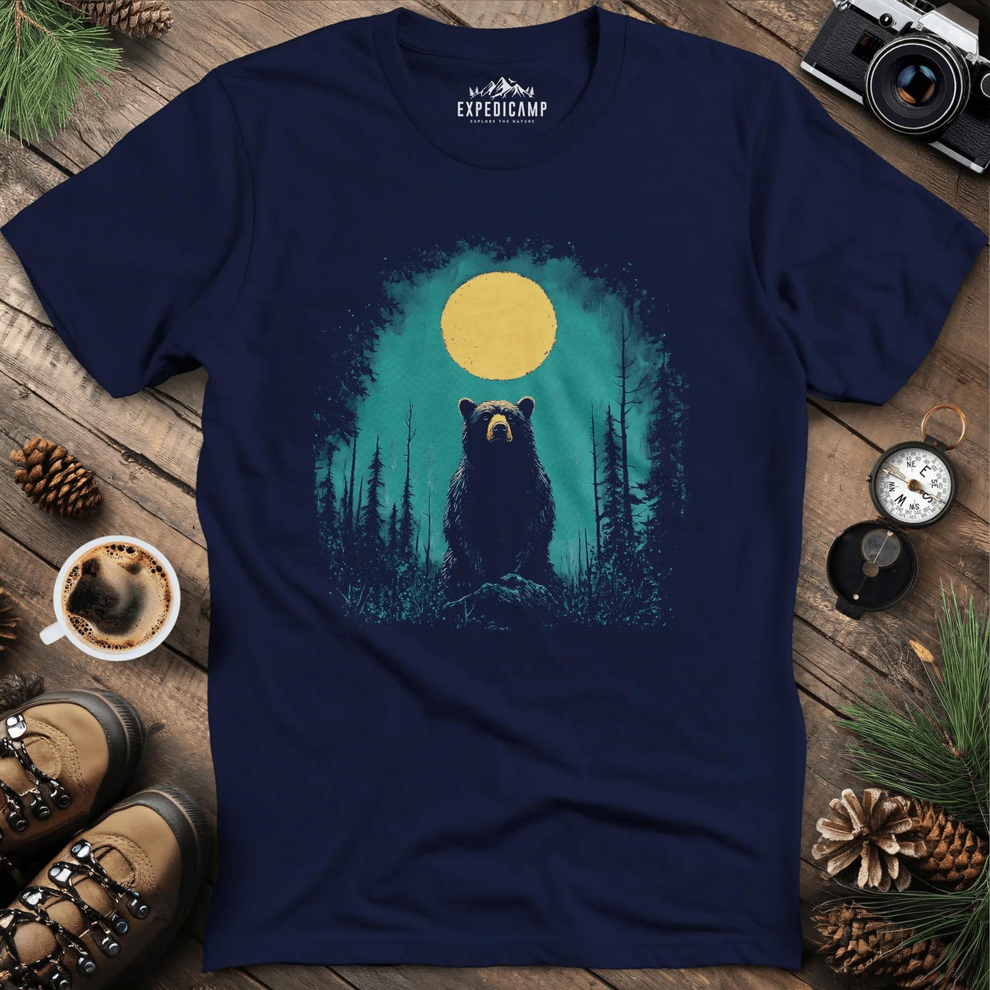 Bear Under the Moon T-Shirt – Mysterious Wilderness Design – Navy – Outdoor apparel for travel, hiking, camping, and nature lovers – ExpediCamp