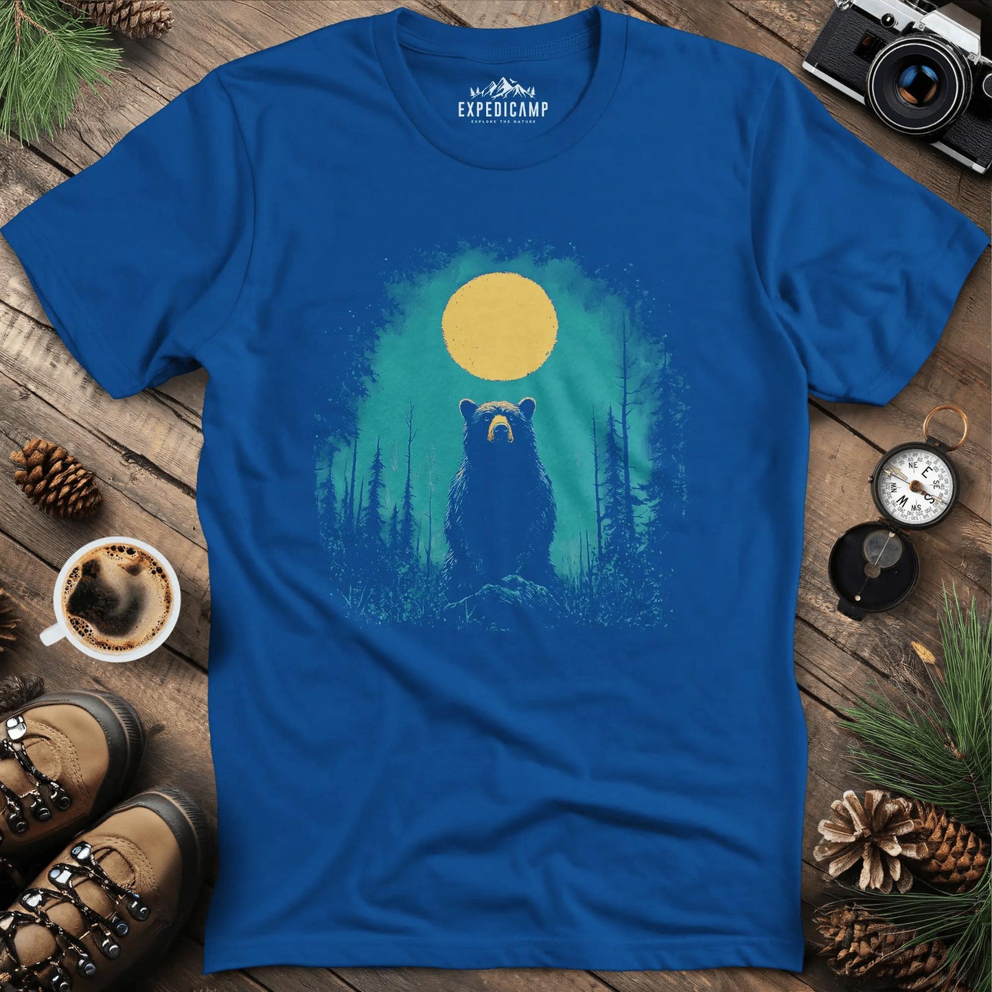 Bear Under the Moon T-Shirt – Mysterious Wilderness Design – Royal – Outdoor apparel for travel, hiking, camping, and nature lovers – ExpediCamp