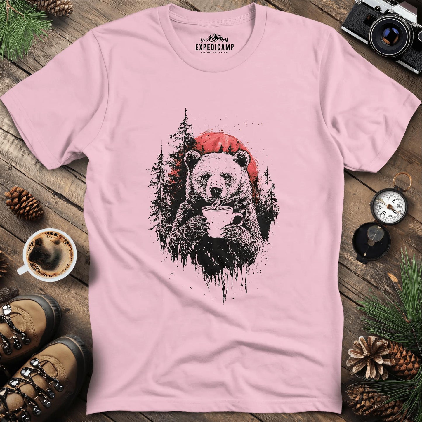 Bear with Coffee and Red Sun T-Shirt – Light Pink – Outdoor apparel for travel, hiking, camping, and nature lovers – ExpediCamp