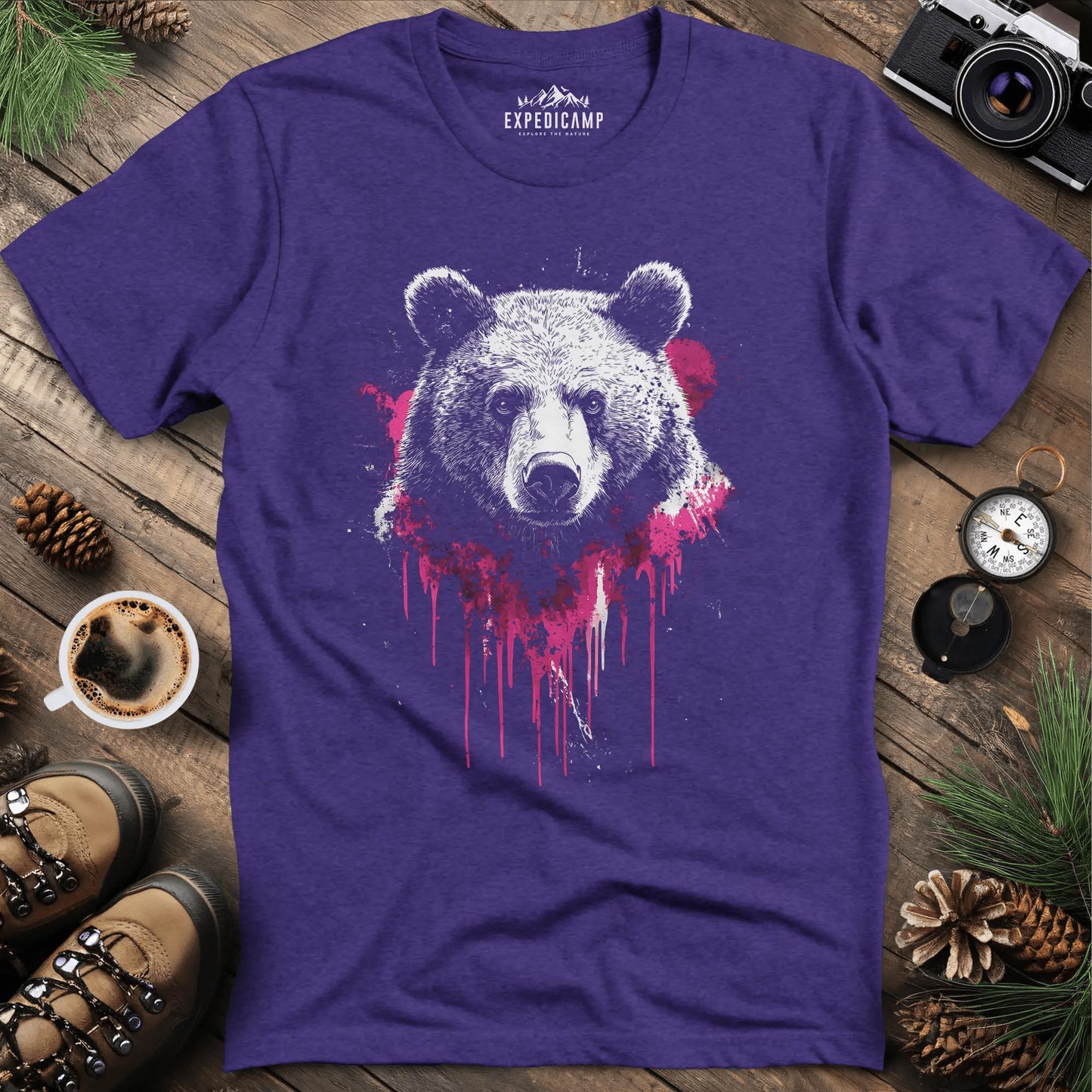 Bear with Pink Paint Splash T-Shirt – Heather Purple – Outdoor apparel for travel, hiking, camping, and nature lovers – ExpediCamp