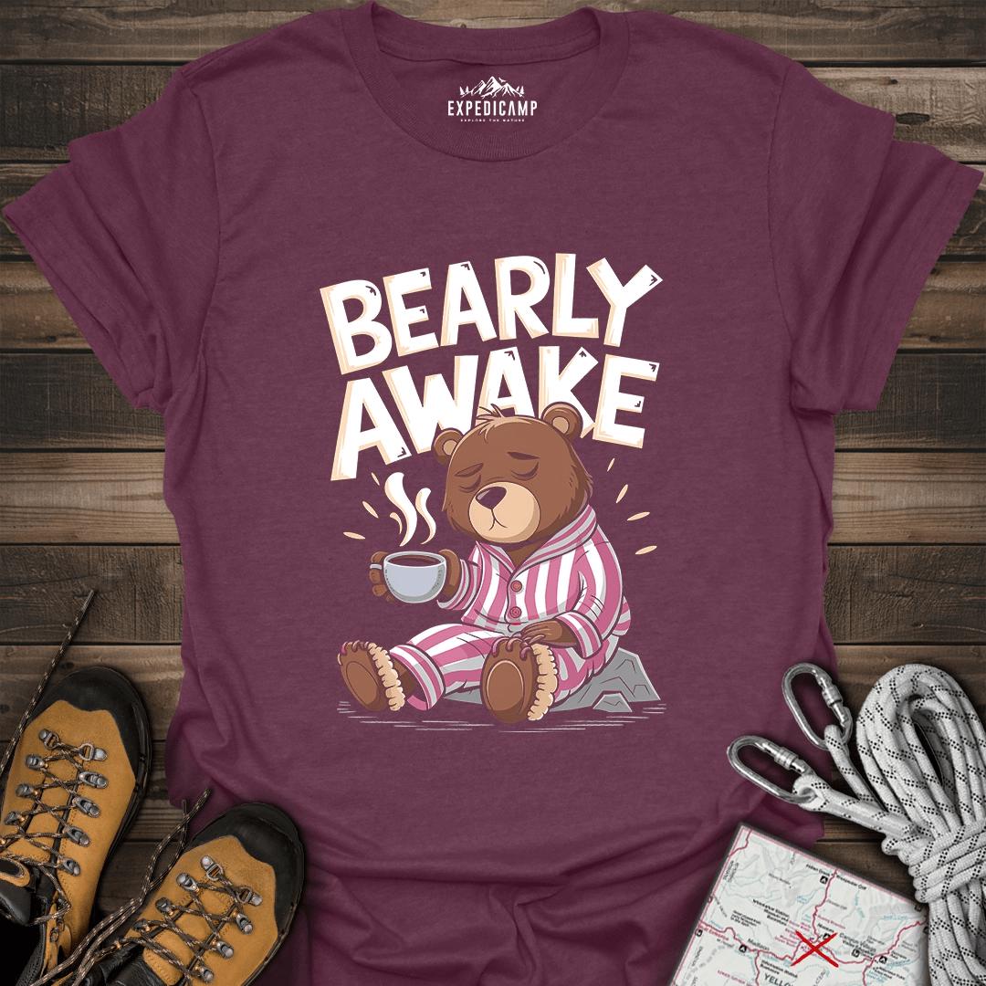 Bearly Awake T-Shirt – Heather Maroon – Outdoor apparel for travel, hiking, camping, and nature lovers – ExpediCamp