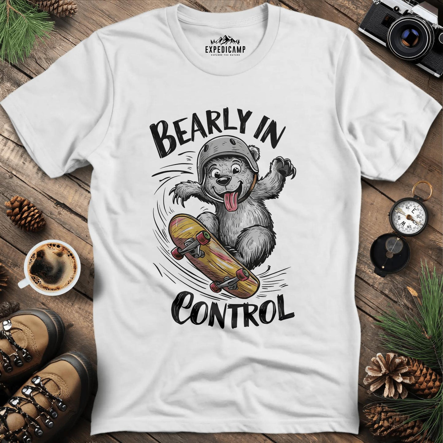 Bearly in Control Skateboarding T-Shirt – White – Outdoor apparel for travel, hiking, camping, and nature lovers – ExpediCamp