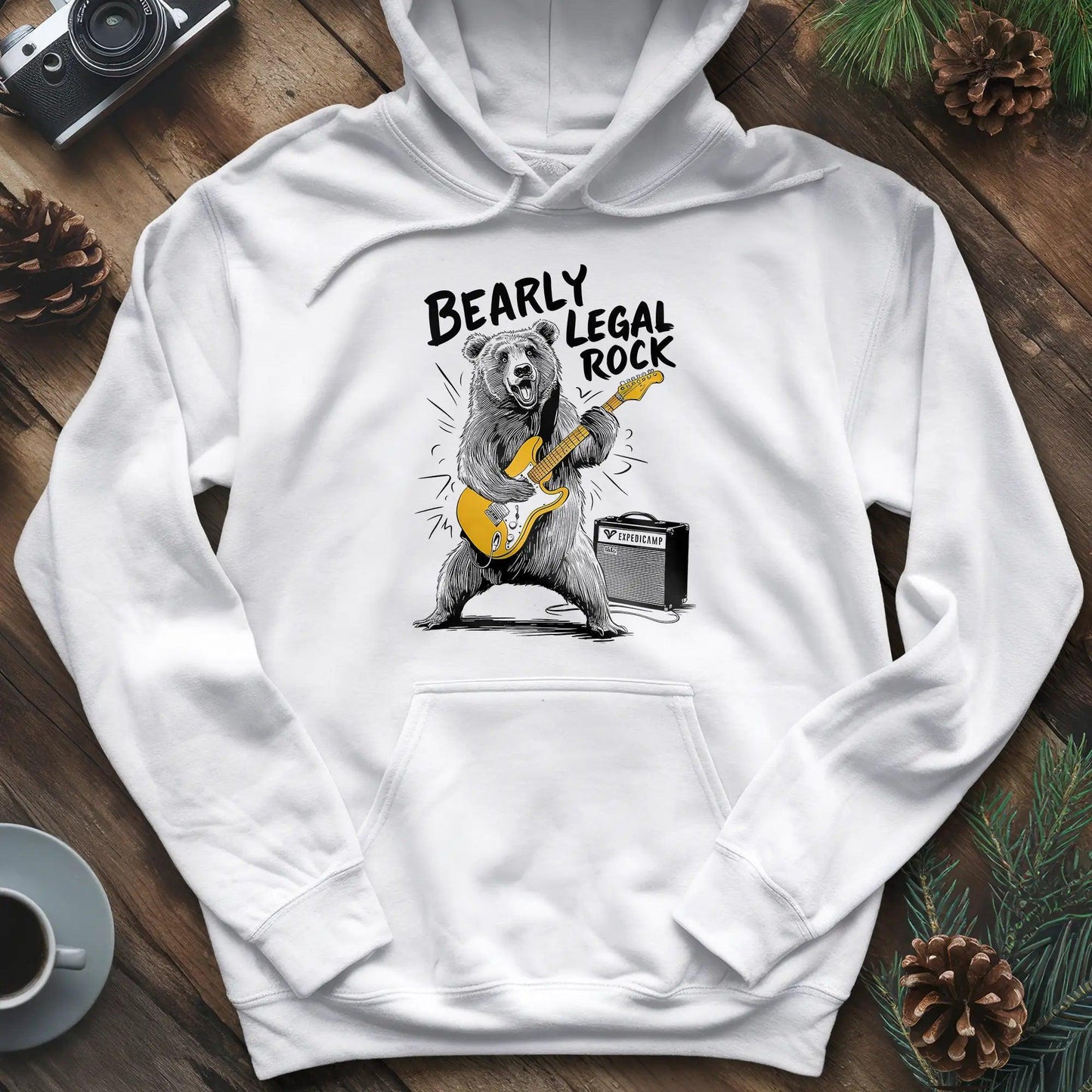 Bearly Legal Rock Hoodie – White – Outdoor apparel for travel, hiking, camping, and nature lovers – ExpediCamp