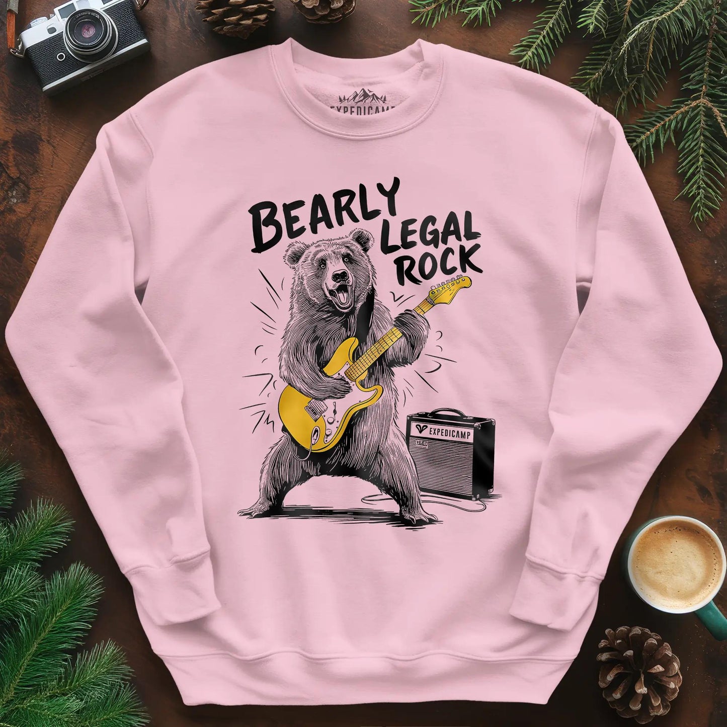 Bearly Legal Rock Sweatshirt – Light Pink – Outdoor apparel for travel, hiking, camping, and nature lovers – ExpediCamp