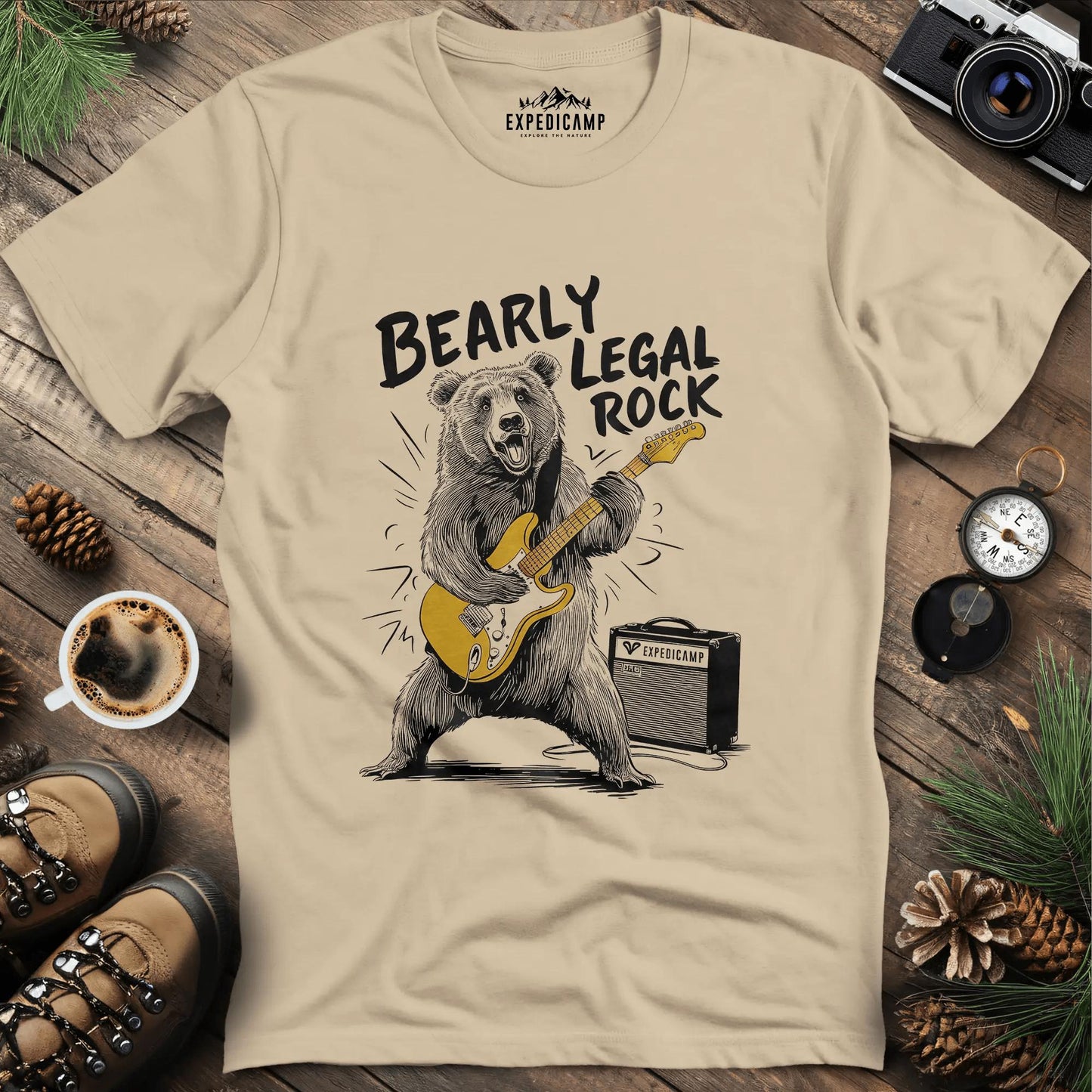 Bearly Legal Rock T-Shirt – Sand – Outdoor apparel for travel, hiking, camping, and nature lovers – ExpediCamp