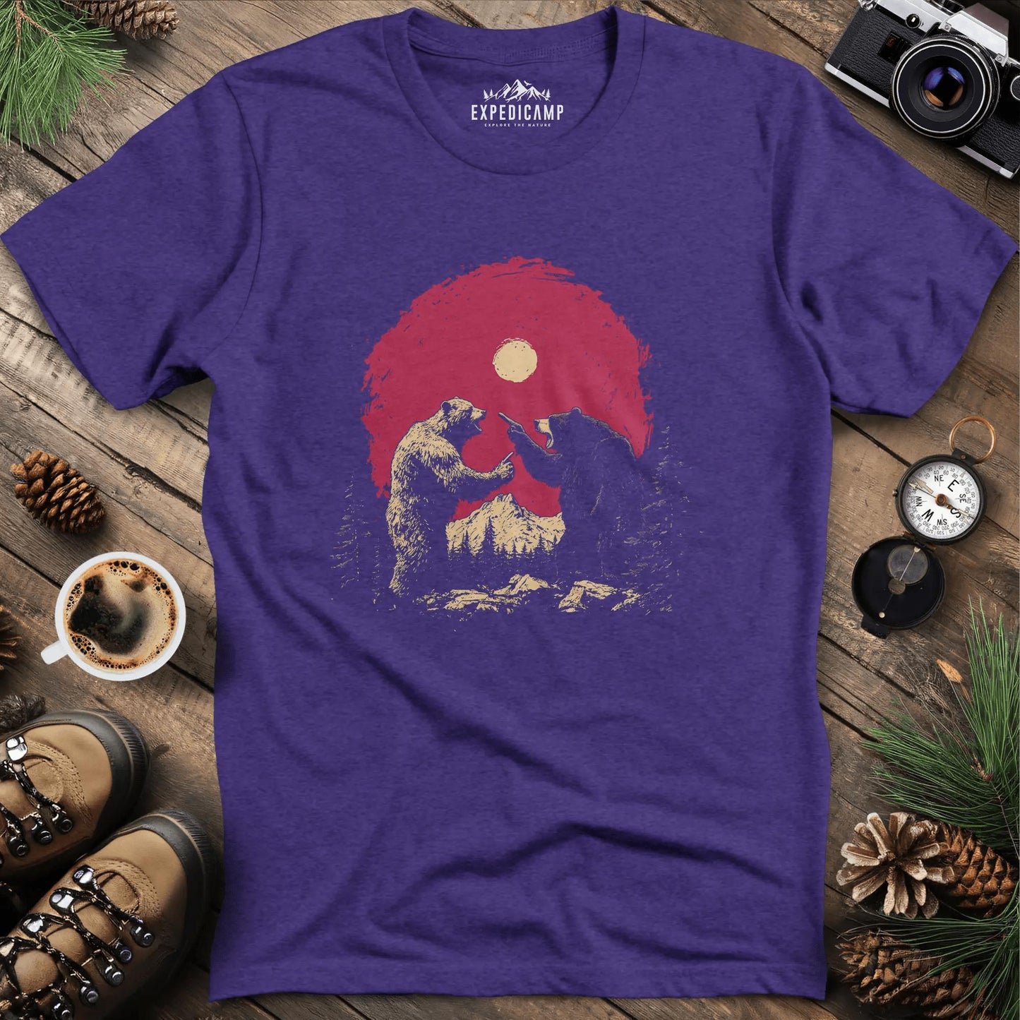 Bears Arguing T-Shirt – Wilderness Dispute – Heather Purple – Outdoor apparel for travel, hiking, camping, and nature lovers – ExpediCamp