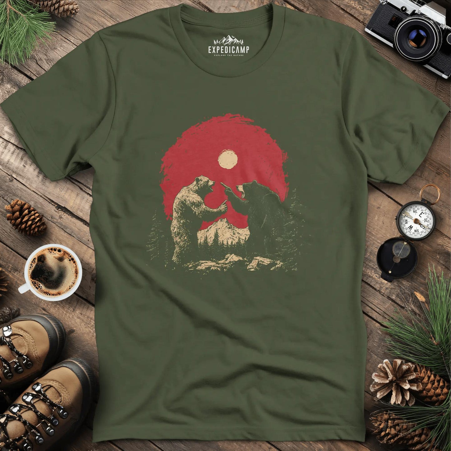 Bears Arguing T-Shirt – Wilderness Dispute – Military Green – Outdoor apparel for travel, hiking, camping, and nature lovers – ExpediCamp