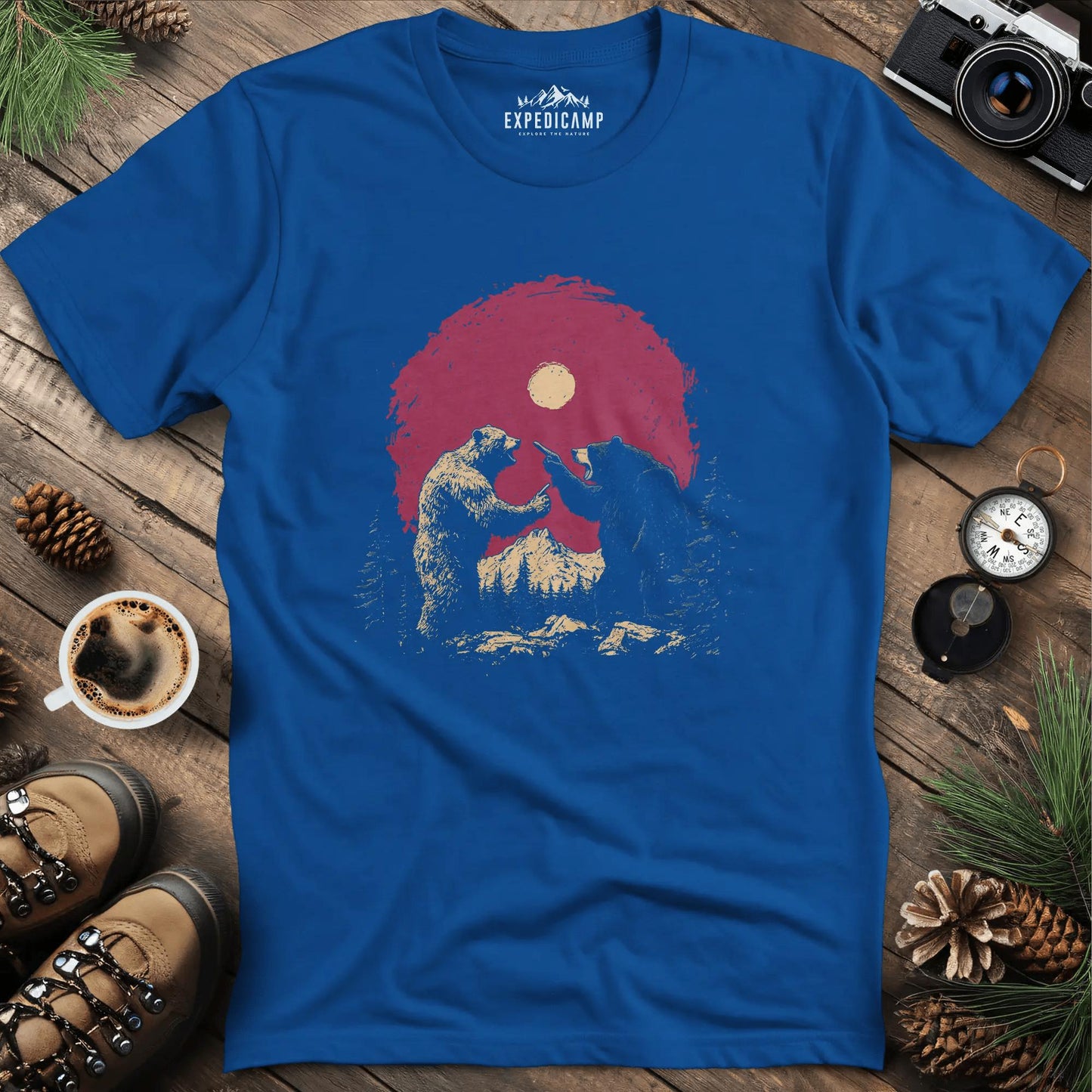 Bears Arguing T-Shirt – Wilderness Dispute – Royal – Outdoor apparel for travel, hiking, camping, and nature lovers – ExpediCamp