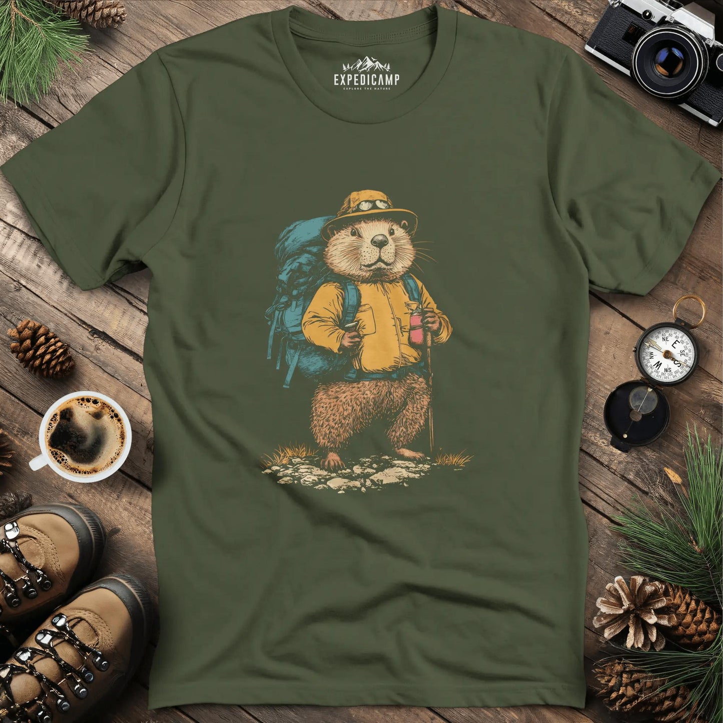 Beaver Hiker T-Shirt – Nature’s Builder – Military Green – Outdoor apparel for travel, hiking, camping, and nature lovers – ExpediCamp