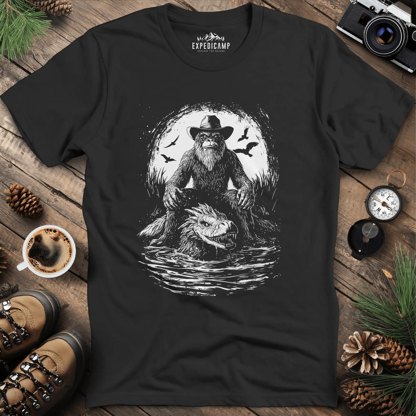 Bigfoot and Loch Ness T-Shirt – Black – Outdoor apparel for travel, hiking, camping, and nature lovers – ExpediCamp