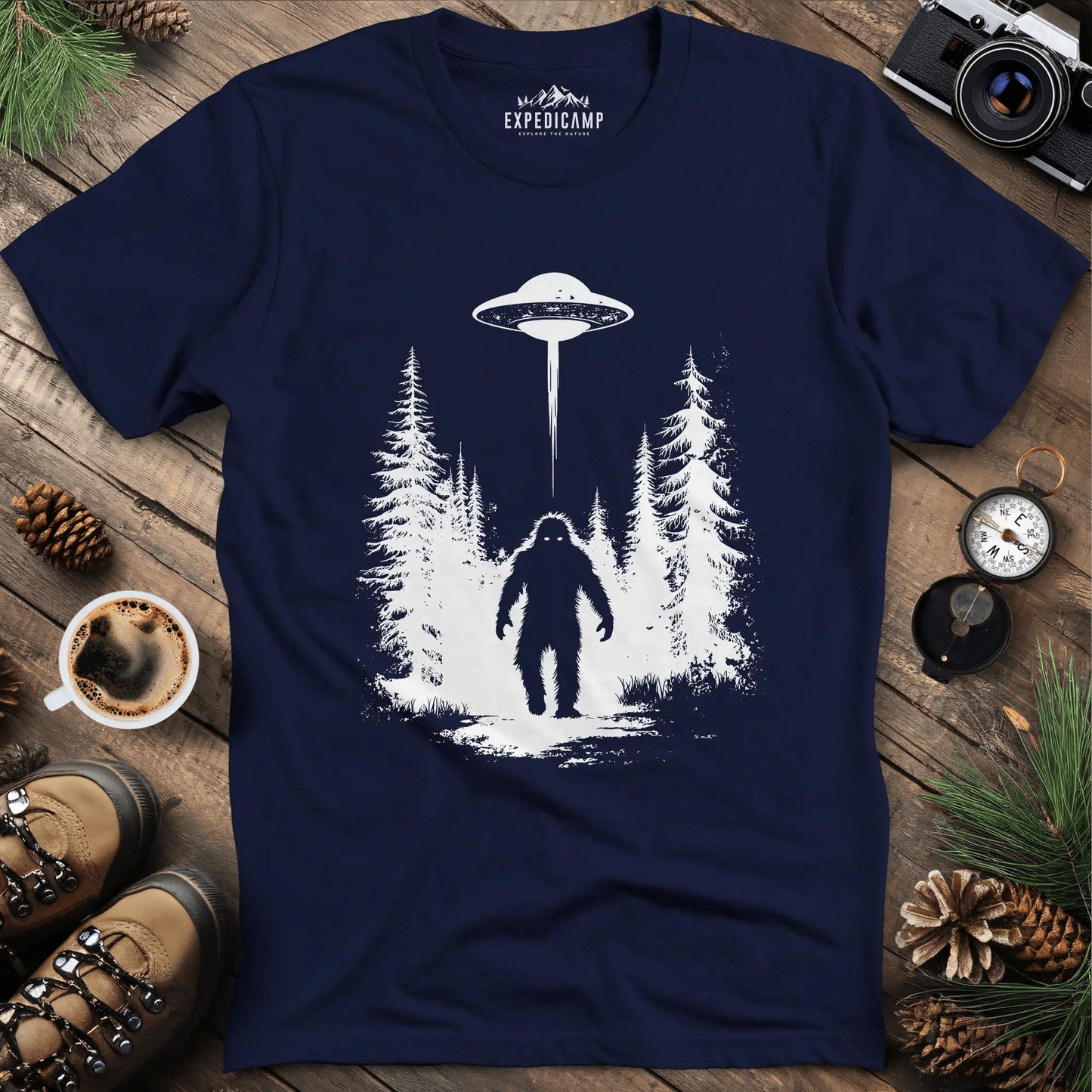 Bigfoot and UFO Encounter T-Shirt – Navy – Outdoor apparel for travel, hiking, camping, and nature lovers – ExpediCamp
