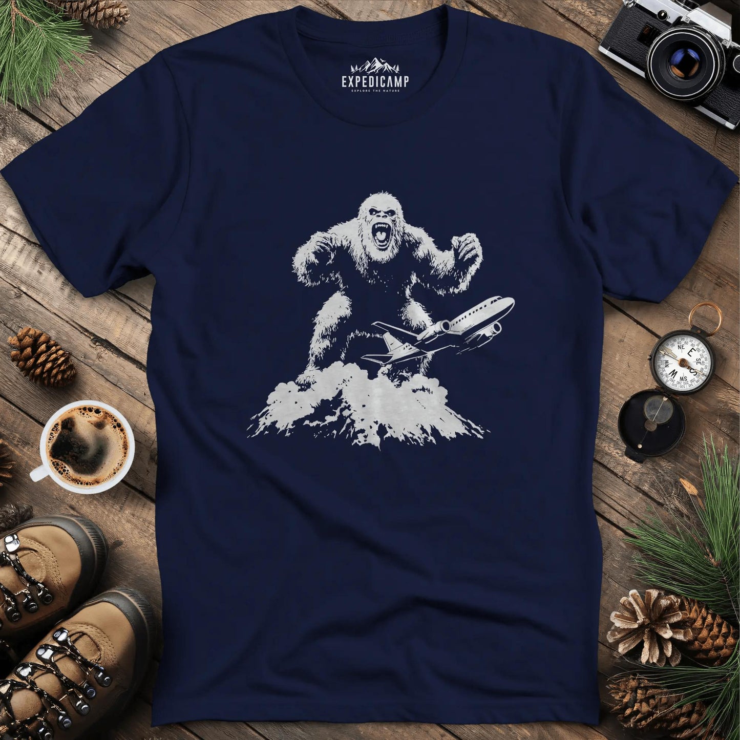 Bigfoot Aviation Encounter T-Shirt – Navy – Outdoor apparel for travel, hiking, camping, and nature lovers – ExpediCamp