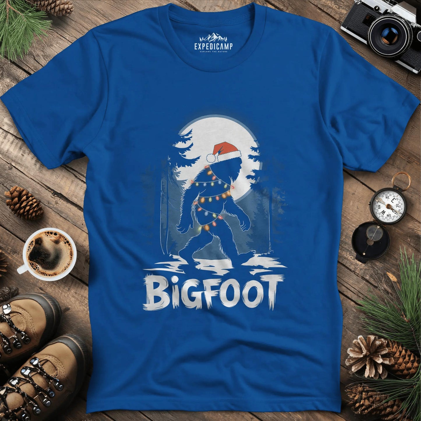Bigfoot Christmas Lights T-Shirt – Royal – Outdoor apparel for travel, hiking, camping, and nature lovers – ExpediCamp