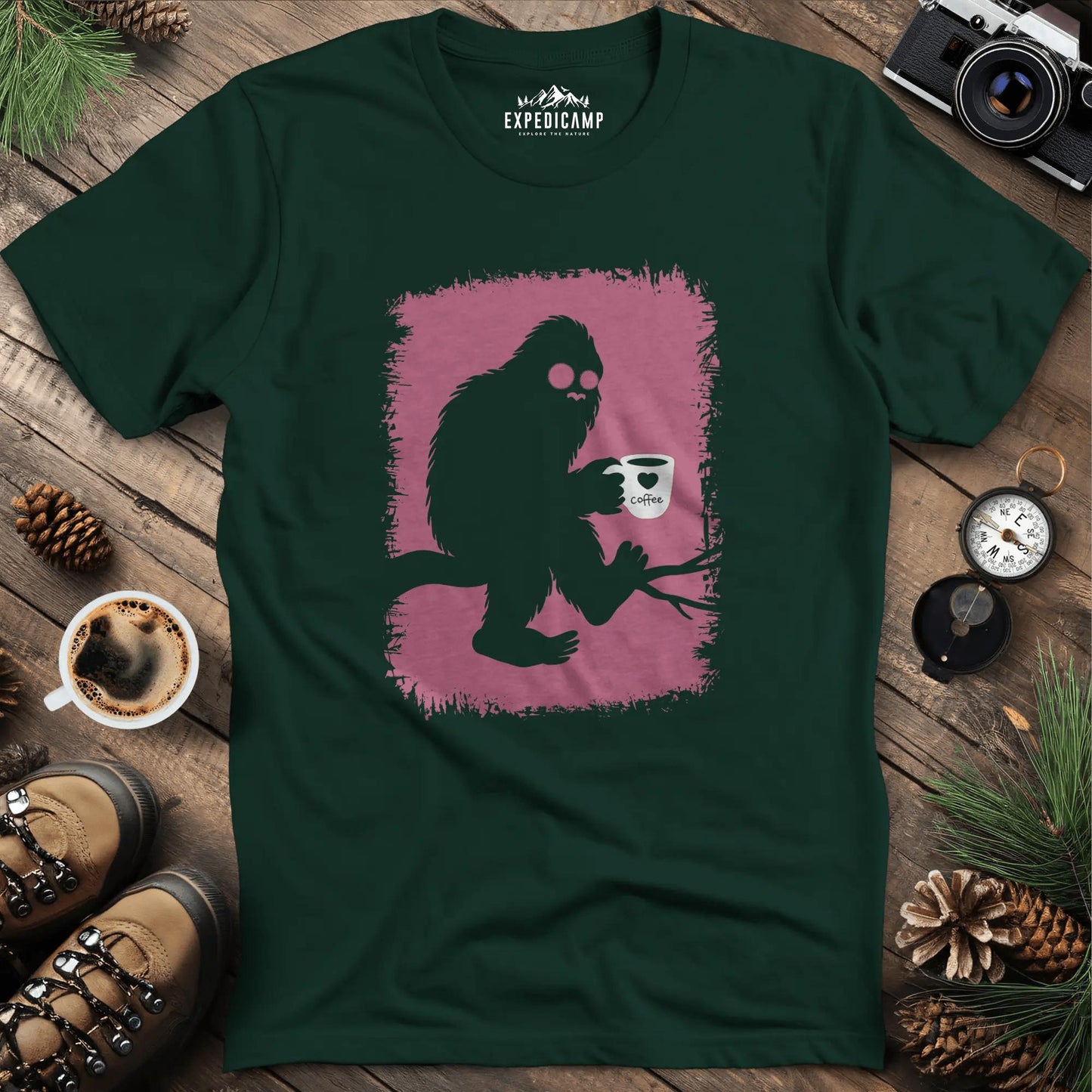 Bigfoot Coffee Lover T-Shirt – Forest Green – Outdoor apparel for travel, hiking, camping, and nature lovers – ExpediCamp