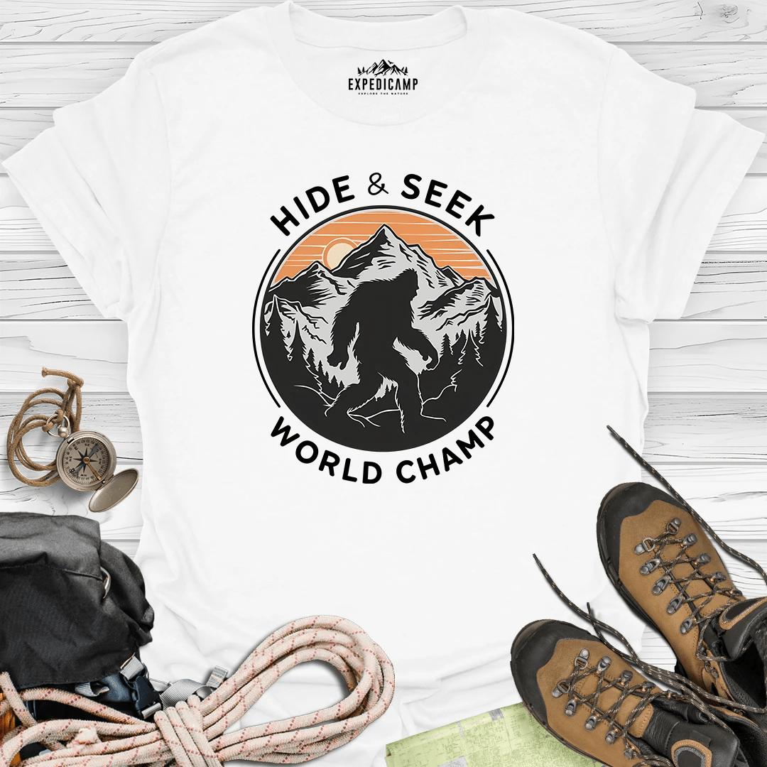 Bigfoot Hide And Seek World Champ T-Shirt – White – Outdoor apparel for travel, hiking, camping, and nature lovers – ExpediCamp