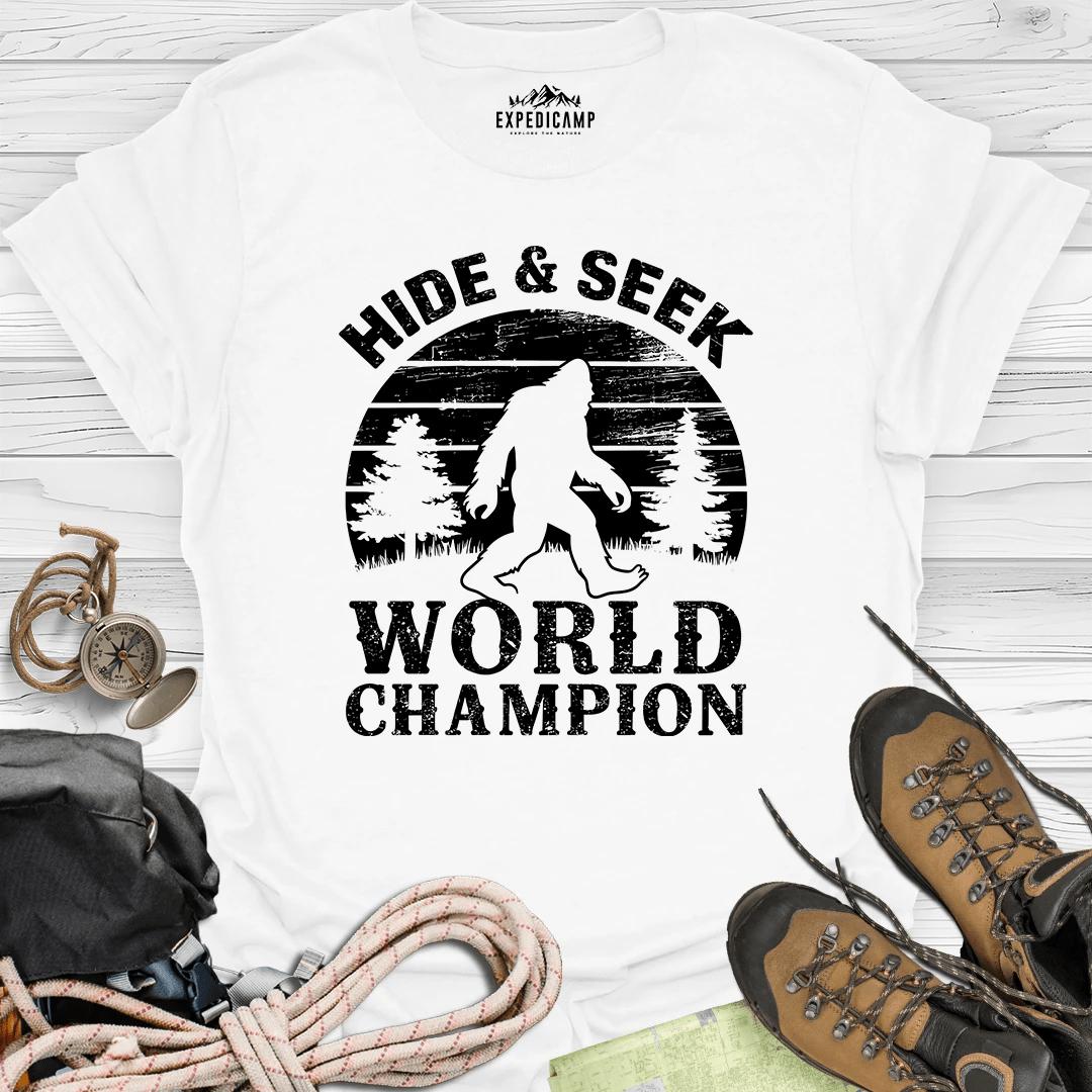 Bigfoot Hide And Seek World Champion T-Shirt – White – Outdoor apparel for travel, hiking, camping, and nature lovers – ExpediCamp