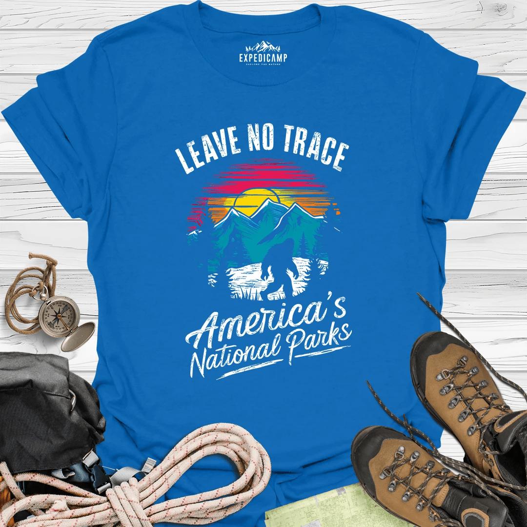 Bigfoot Leave No Trace America's National Parks T-Shirt – Royal – Outdoor apparel for travel, hiking, camping, and nature lovers – ExpediCamp