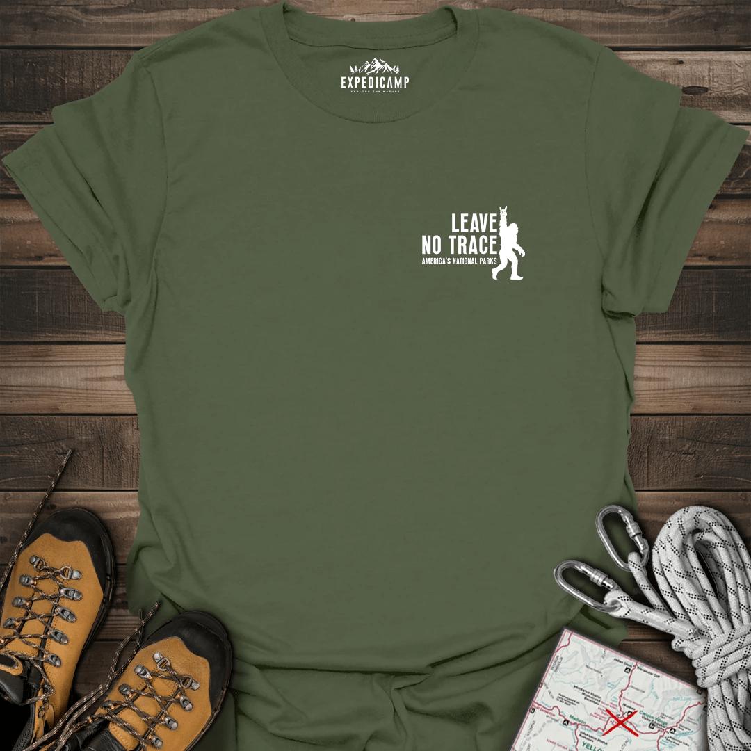 Bigfoot Leave No Trace America's National Parks T-Shirt – Military Green – Outdoor apparel for travel, hiking, camping, and nature lovers – ExpediCamp