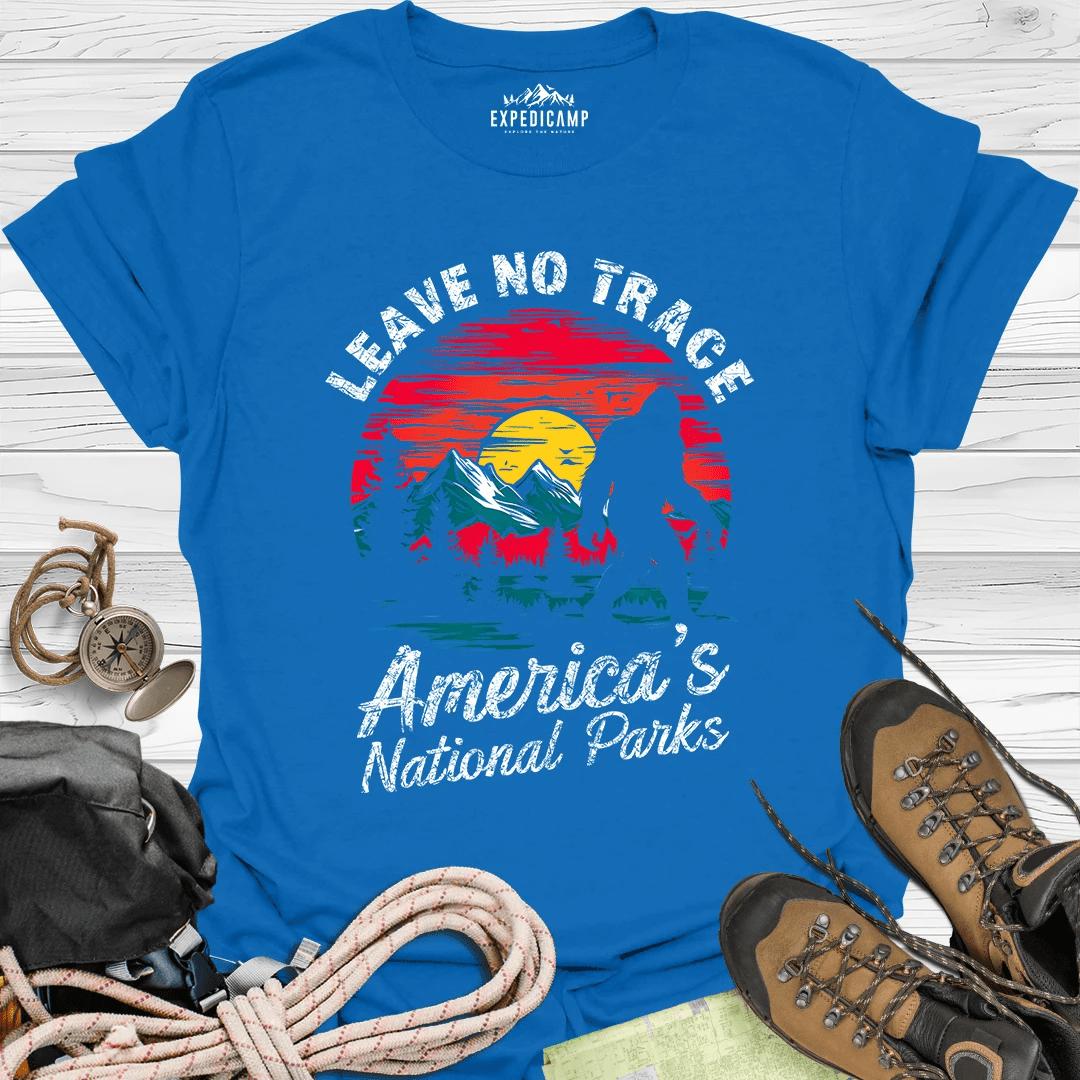 Bigfoot Leave No Trace America's National Parks T-Shirt – Royal – Outdoor apparel for travel, hiking, camping, and nature lovers – ExpediCamp