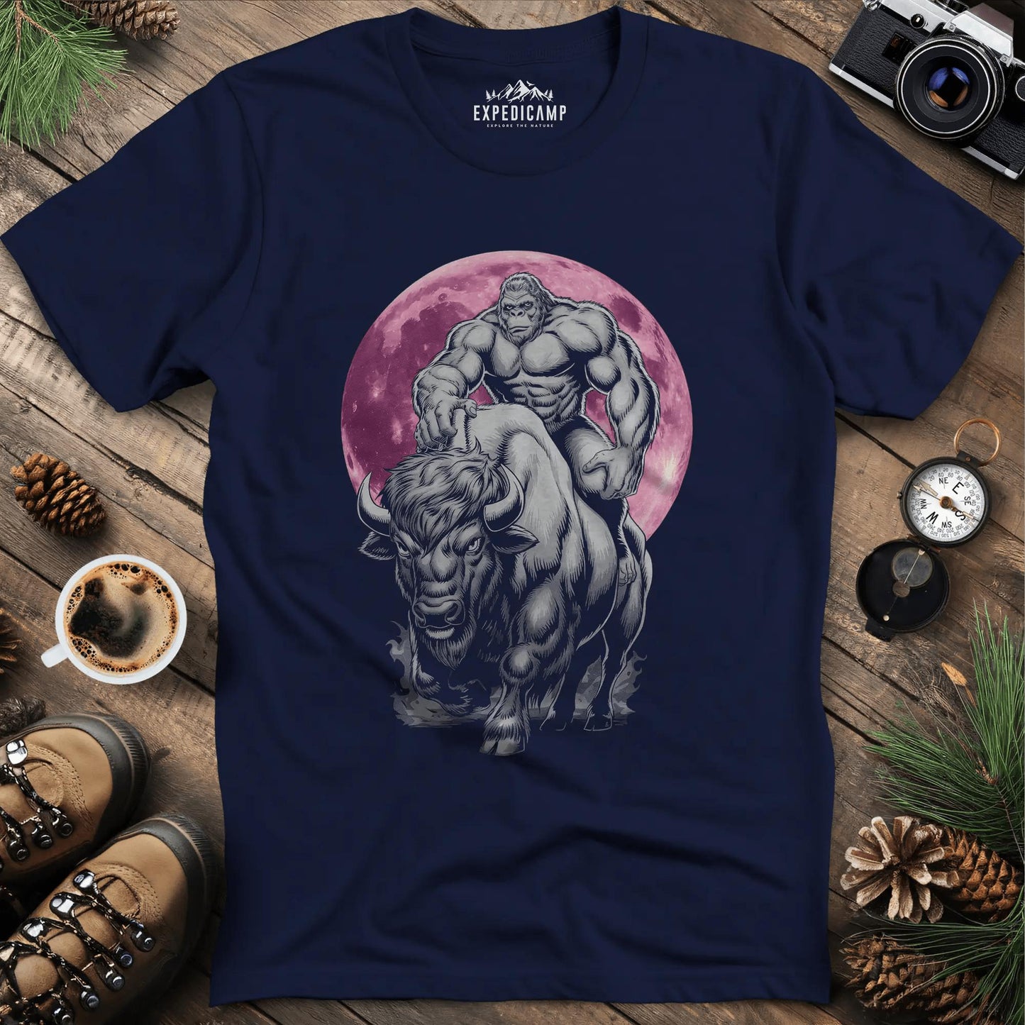 Bigfoot Riding Bison Pink Moon T-Shirt – Navy – Outdoor apparel for travel, hiking, camping, and nature lovers – ExpediCamp