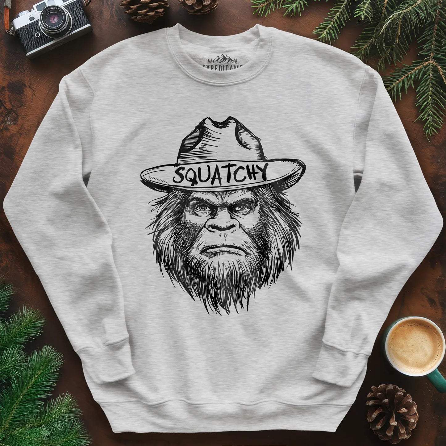 Bigfoot Sasquatch Silhouette Ranger Sweatshirt – Ash – Outdoor apparel for travel, hiking, camping, and nature lovers – ExpediCamp