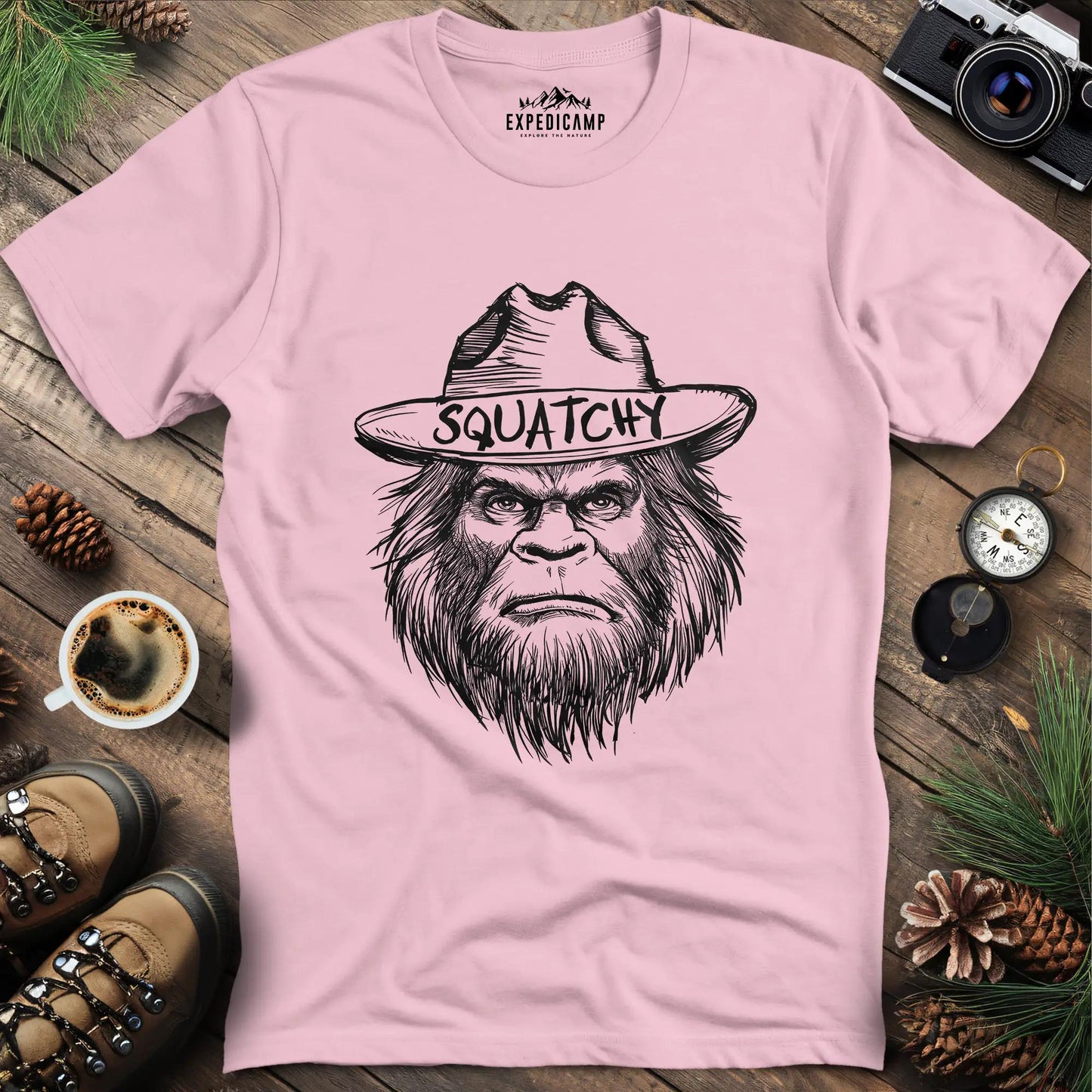Bigfoot Sasquatch Silhouette Ranger T-Shirt – Light Pink – Outdoor apparel for travel, hiking, camping, and nature lovers – ExpediCamp