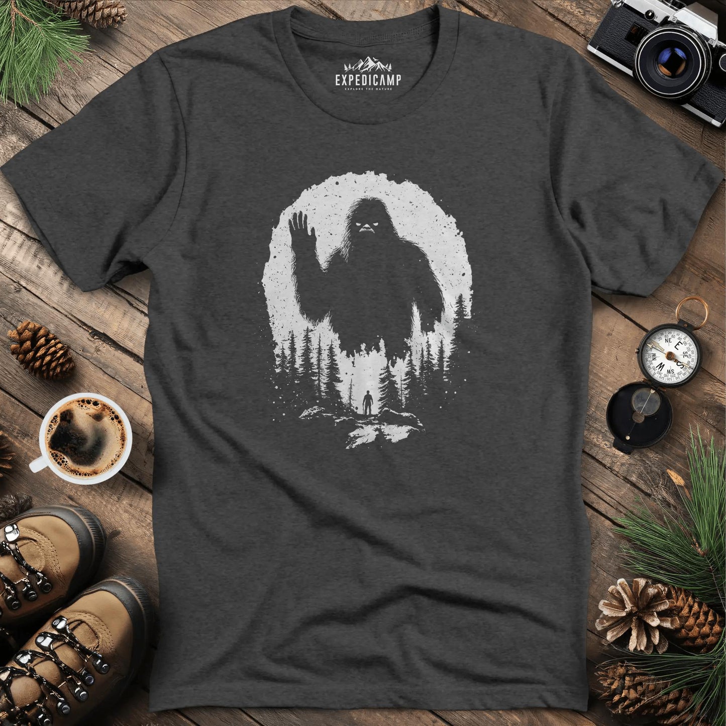 Bigfoot T-Shirt – Mysterious Adventure in the Wild Tee – Dark Heather – Outdoor apparel for travel, hiking, camping, and nature lovers – ExpediCamp