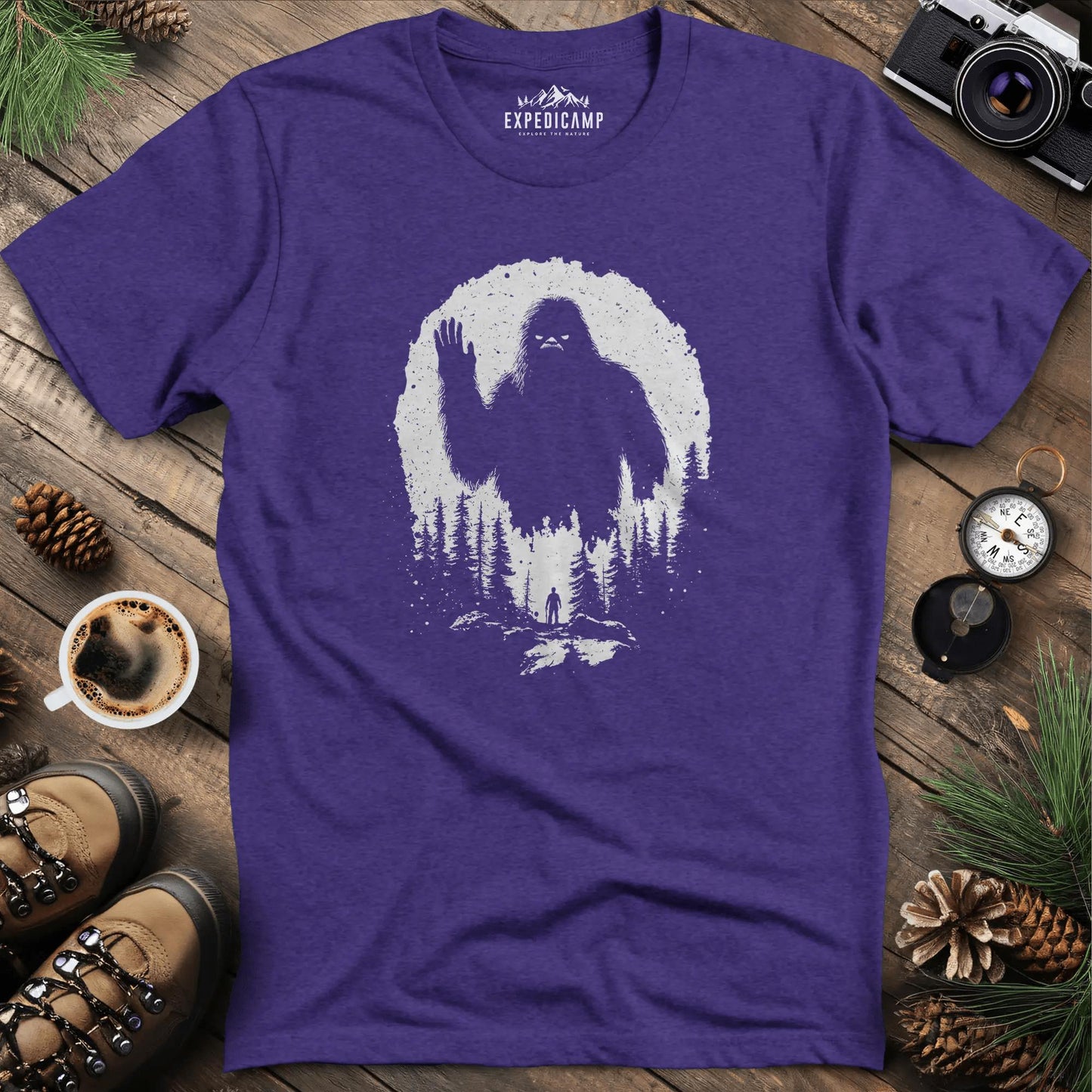 Bigfoot T-Shirt – Mysterious Adventure in the Wild Tee – Heather Purple – Outdoor apparel for travel, hiking, camping, and nature lovers – ExpediCamp