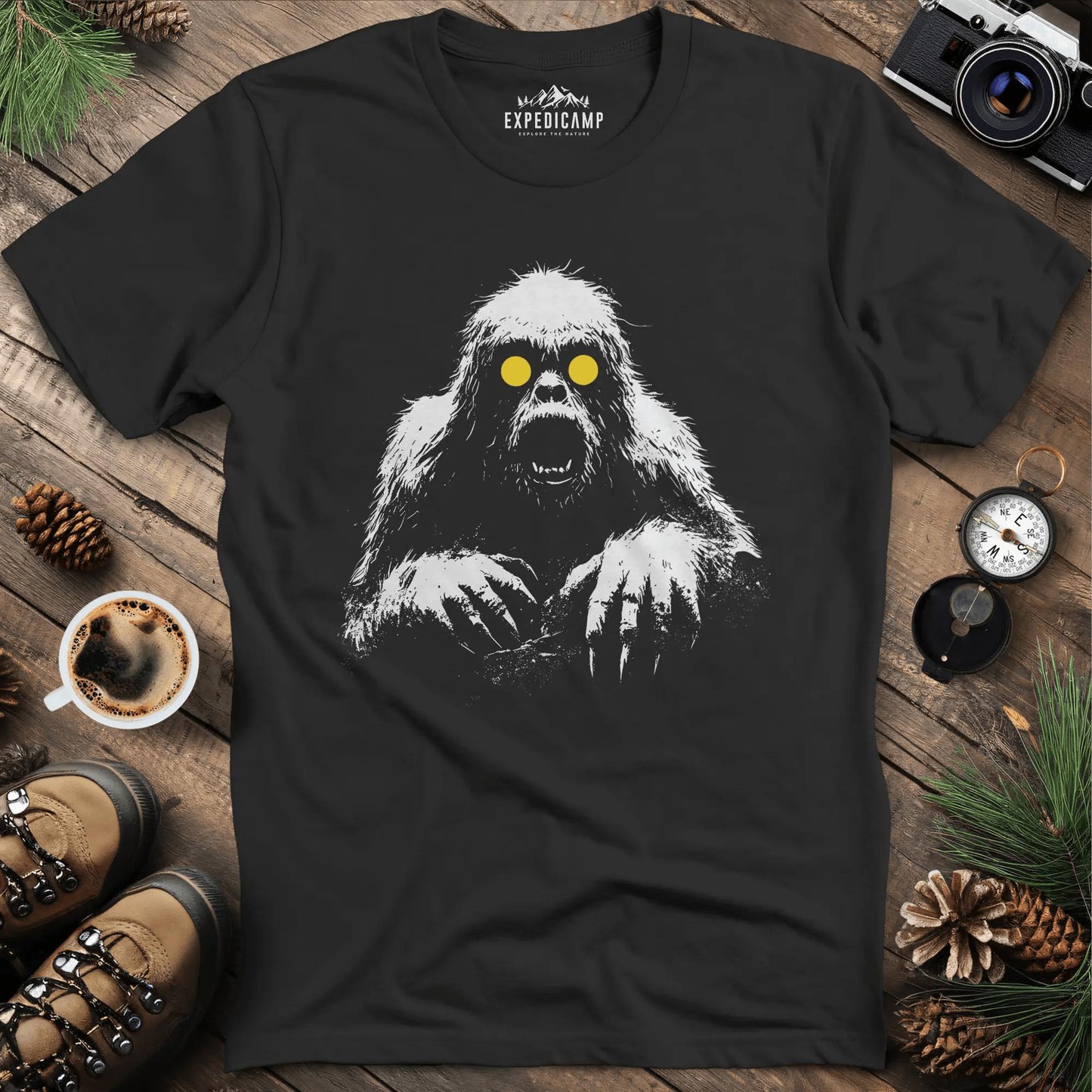 Bigfoot with Glowing Eyes T-Shirt – Mysterious Creature in the Dark – Black – Outdoor apparel for travel, hiking, camping, and nature lovers – ExpediCamp