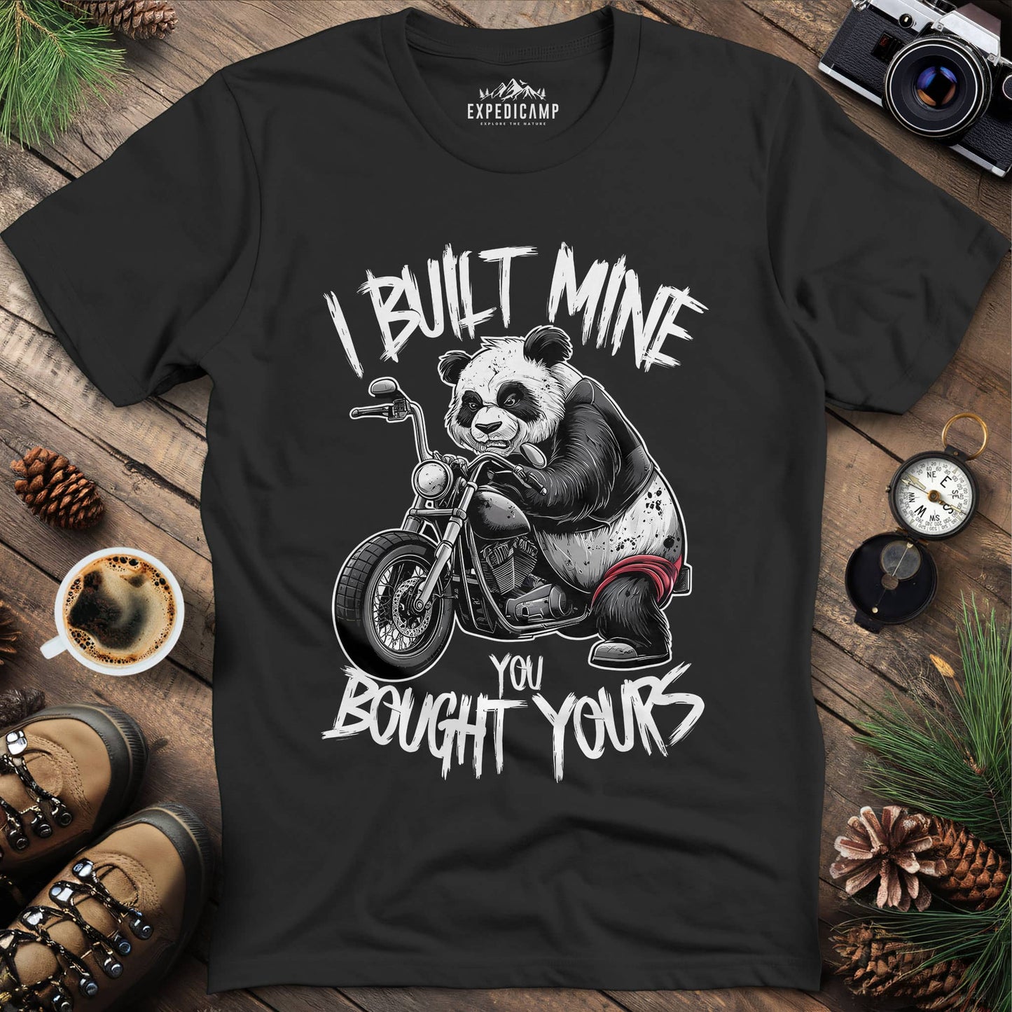 Biker Panda Bear – I Built Mine You Bought Yours T-Shirt – Black – Outdoor apparel for travel, hiking, camping, and nature lovers – ExpediCamp