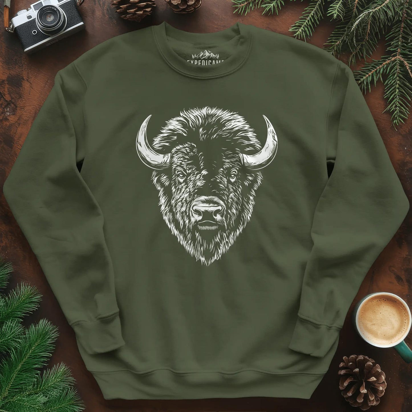 Bison Majesty Sweatshirt – Military Green – Outdoor apparel for travel, hiking, camping, and nature lovers – ExpediCamp