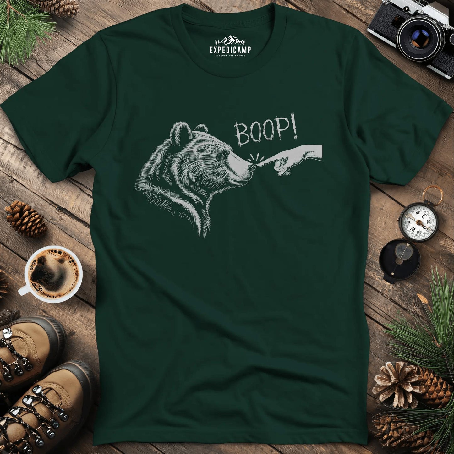 Boop! Bear Nose T-Shirt – Forest Green – Outdoor apparel for travel, hiking, camping, and nature lovers – ExpediCamp