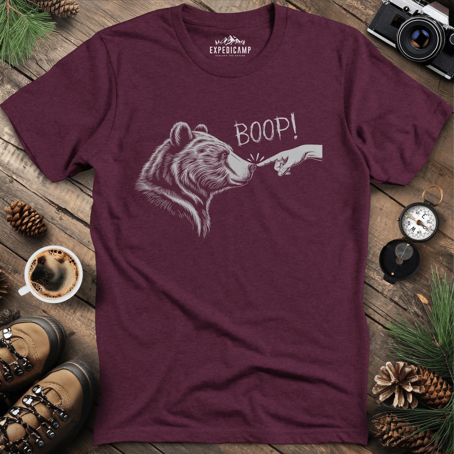 Boop! Bear Nose T-Shirt – Heather Maroon – Outdoor apparel for travel, hiking, camping, and nature lovers – ExpediCamp