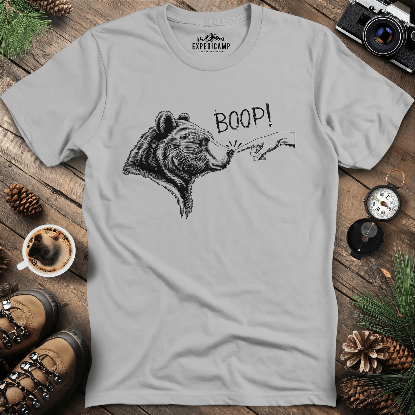 Boop! Bear Nose T-Shirt – Ice Grey – Outdoor apparel for travel, hiking, camping, and nature lovers – ExpediCamp