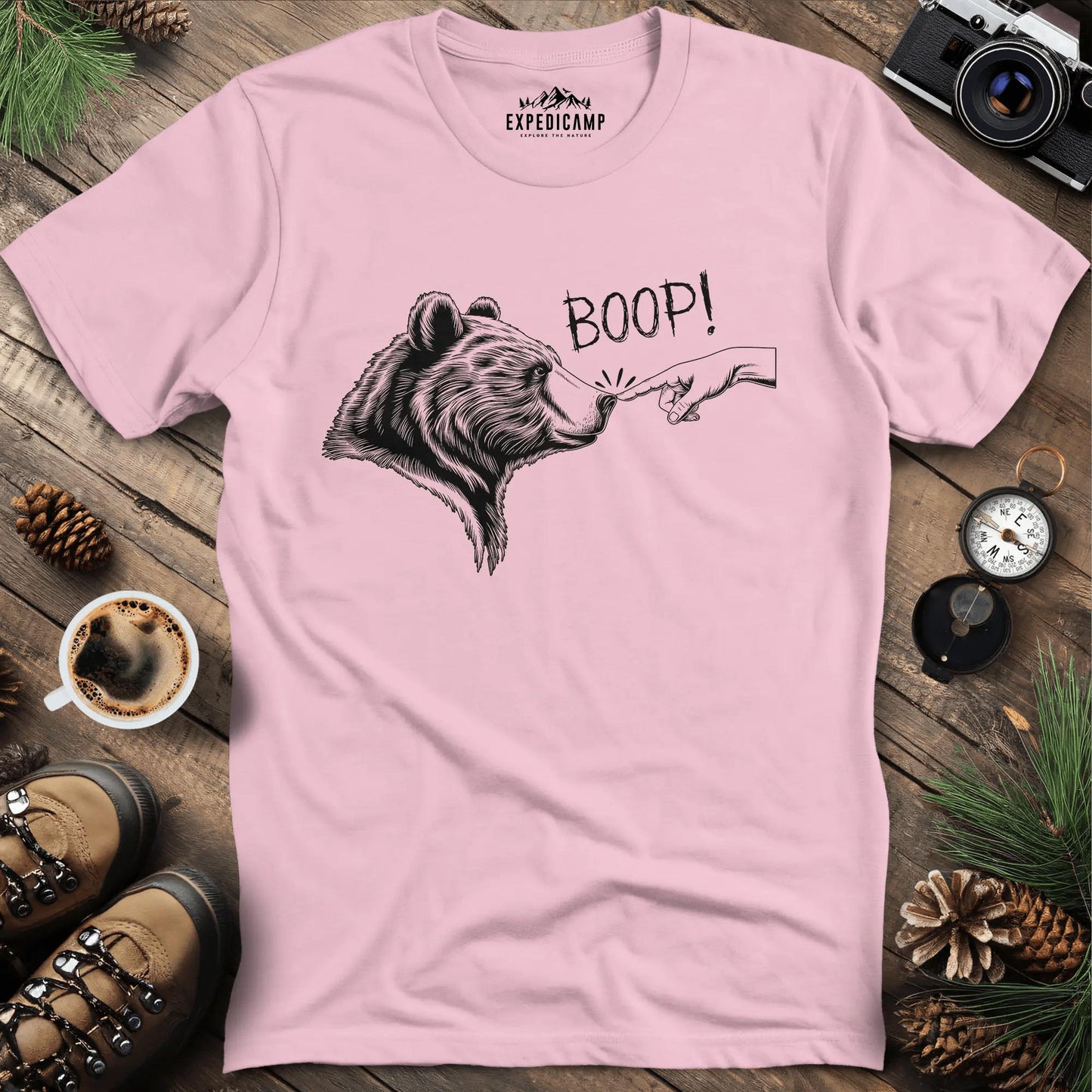 Boop! Bear Nose T-Shirt – Light Pink – Outdoor apparel for travel, hiking, camping, and nature lovers – ExpediCamp
