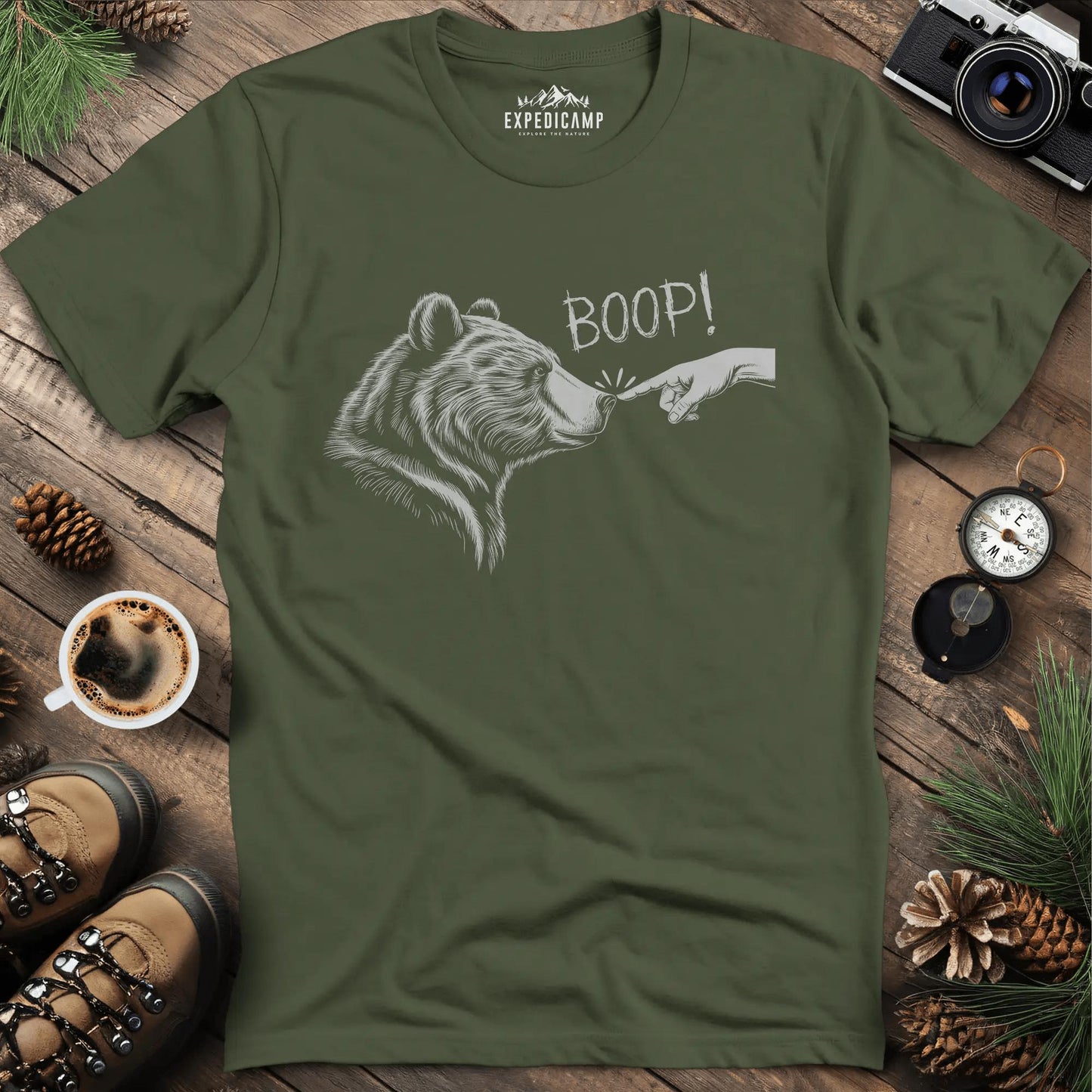 Boop! Bear Nose T-Shirt – Military Green – Outdoor apparel for travel, hiking, camping, and nature lovers – ExpediCamp