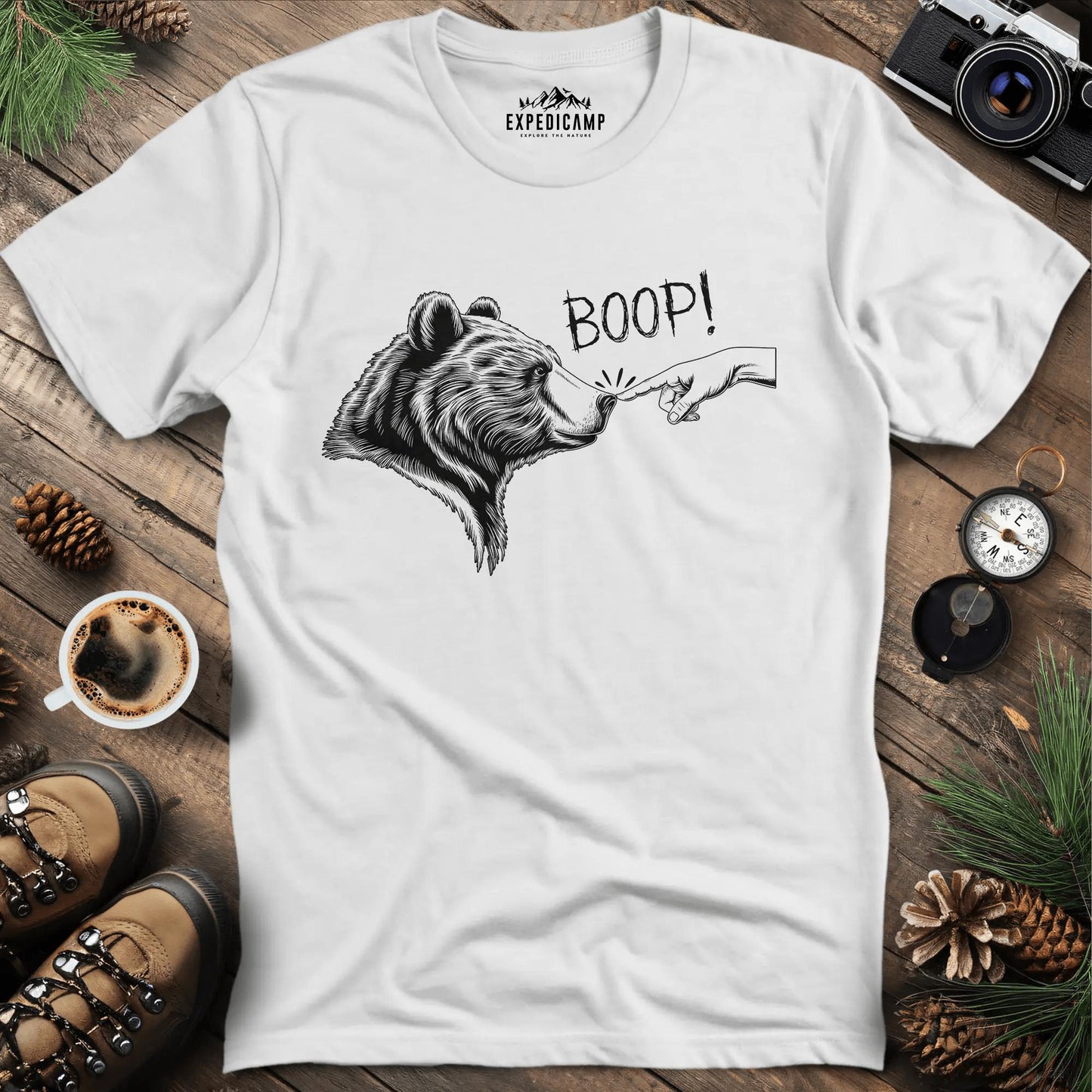Boop! Bear Nose T-Shirt – White – Outdoor apparel for travel, hiking, camping, and nature lovers – ExpediCamp