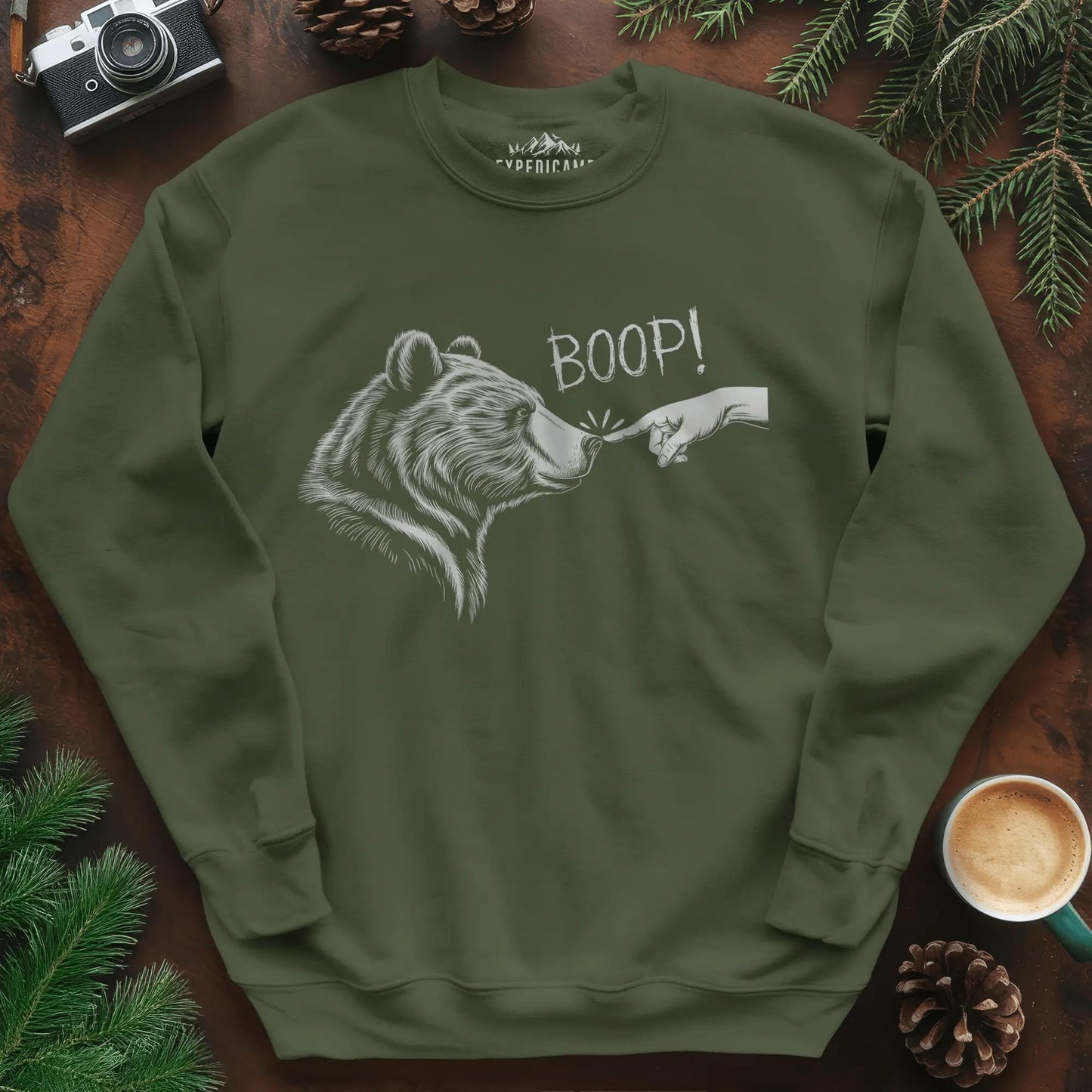 Boop Bear Sweatshirt – Funny Bear Lover Sweatshirt – Military Green – Outdoor apparel for travel, hiking, camping, and nature lovers – ExpediCamp