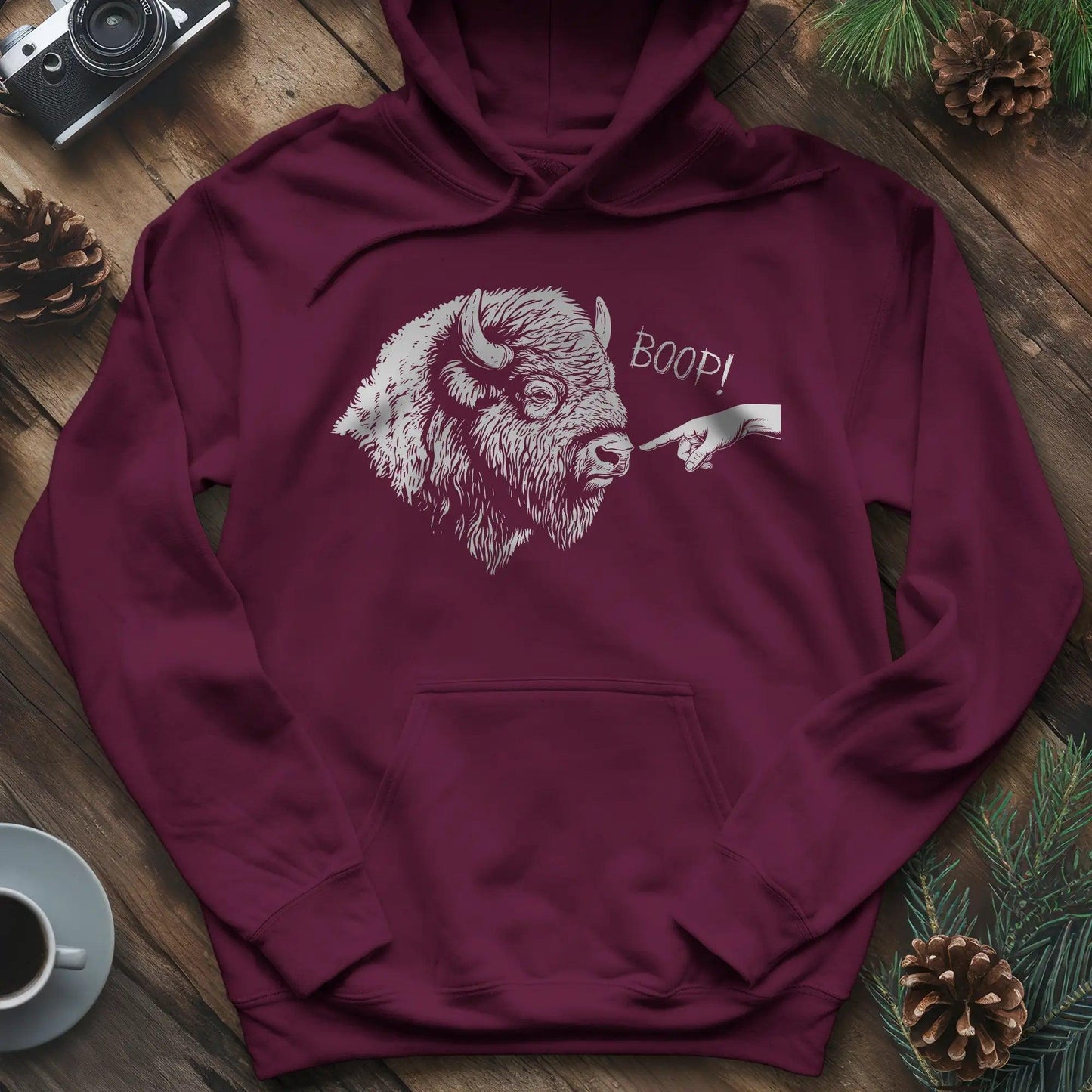 Boop Bison Hoodie – Maroon – Outdoor apparel for travel, hiking, camping, and nature lovers – ExpediCamp
