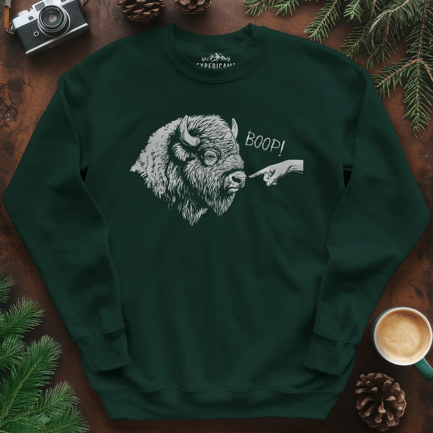 Boop Bison Sweatshirt – Forest Green – Outdoor apparel for travel, hiking, camping, and nature lovers – ExpediCamp