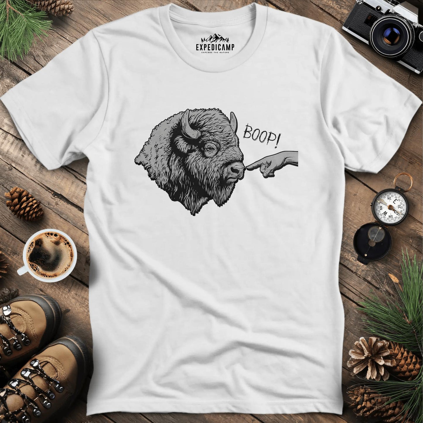 Boop Bison T-Shirt – White – Outdoor apparel for travel, hiking, camping, and nature lovers – ExpediCamp