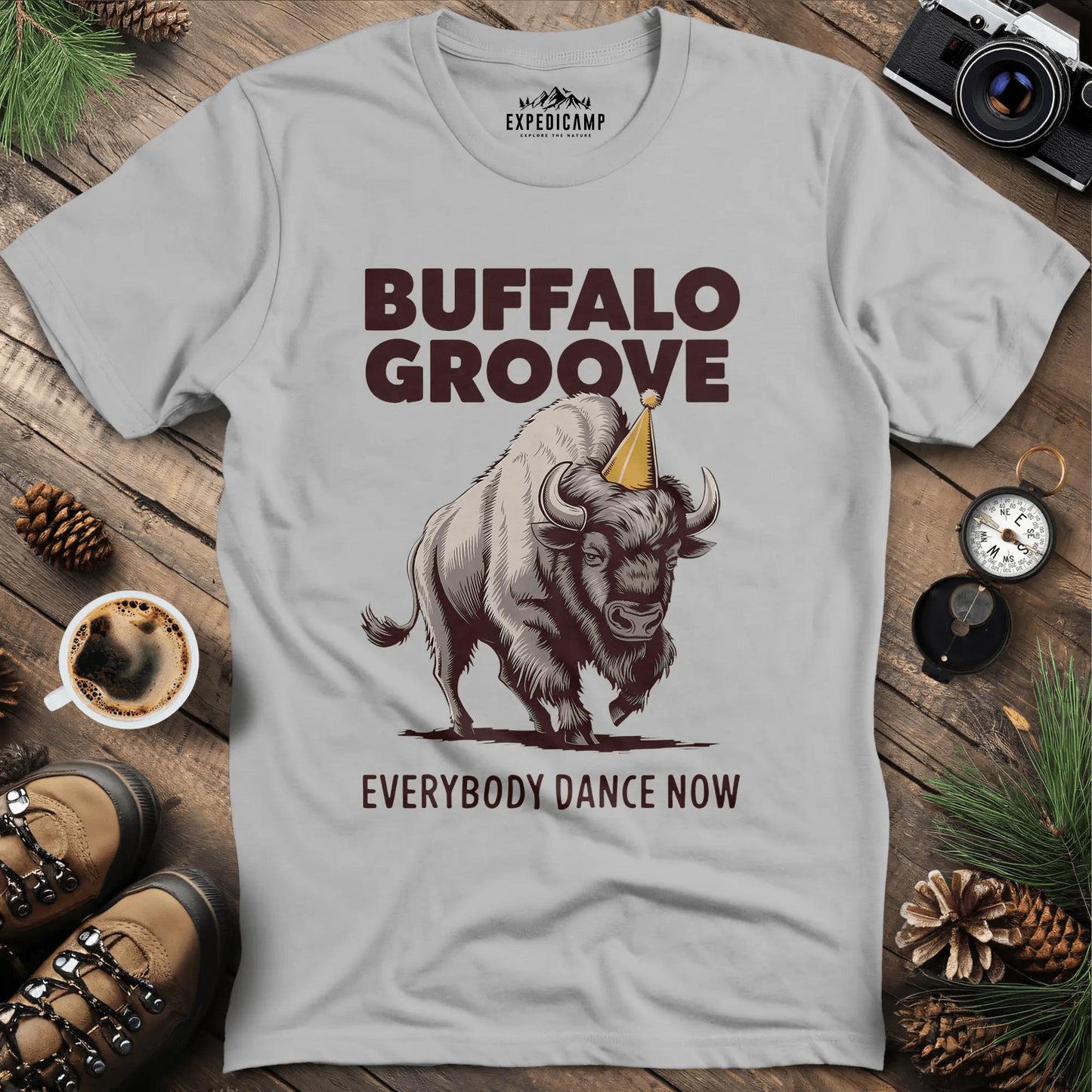 Buffalo Groove T-Shirt – Ice Grey – Outdoor apparel for travel, hiking, camping, and nature lovers – ExpediCamp