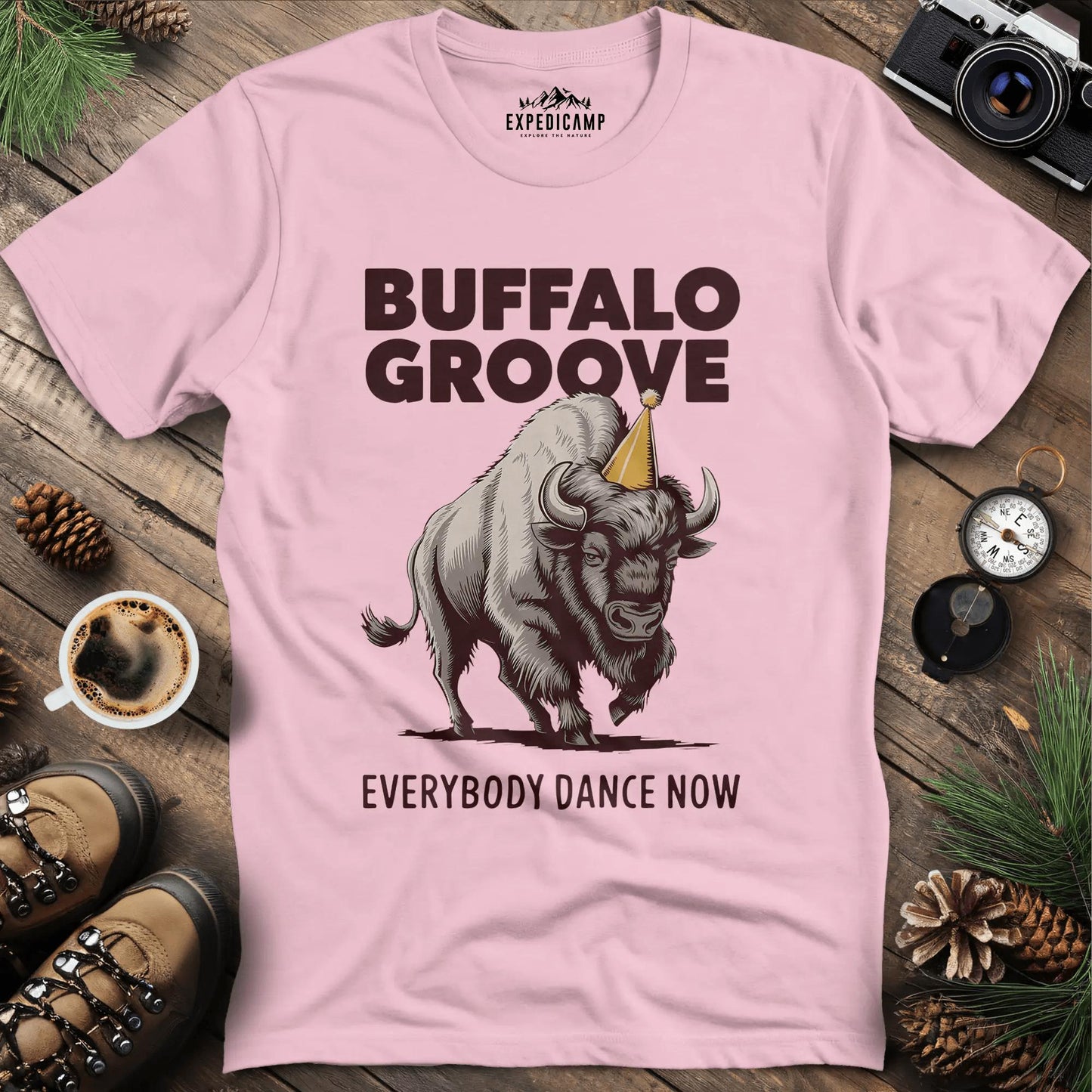 Buffalo Groove T-Shirt – Light Pink – Outdoor apparel for travel, hiking, camping, and nature lovers – ExpediCamp