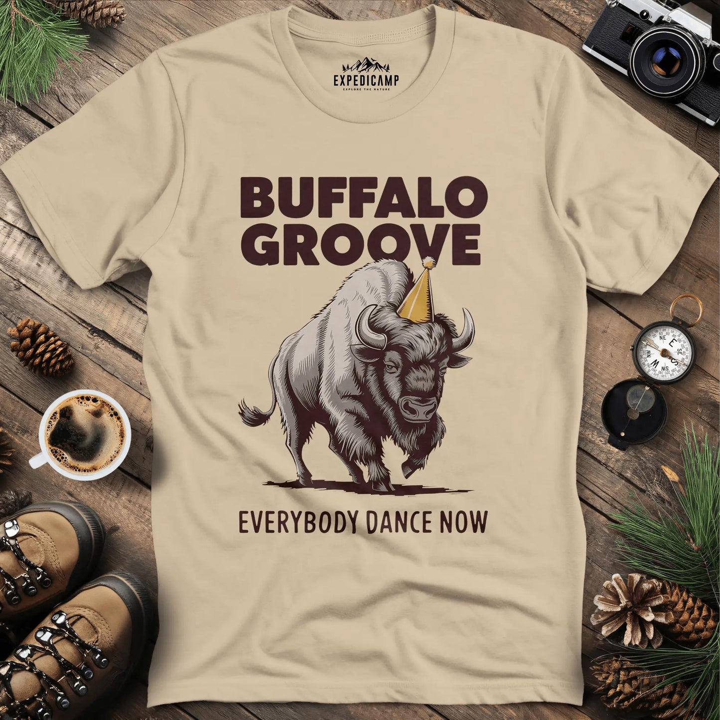 Buffalo Groove T-Shirt – Sand – Outdoor apparel for travel, hiking, camping, and nature lovers – ExpediCamp