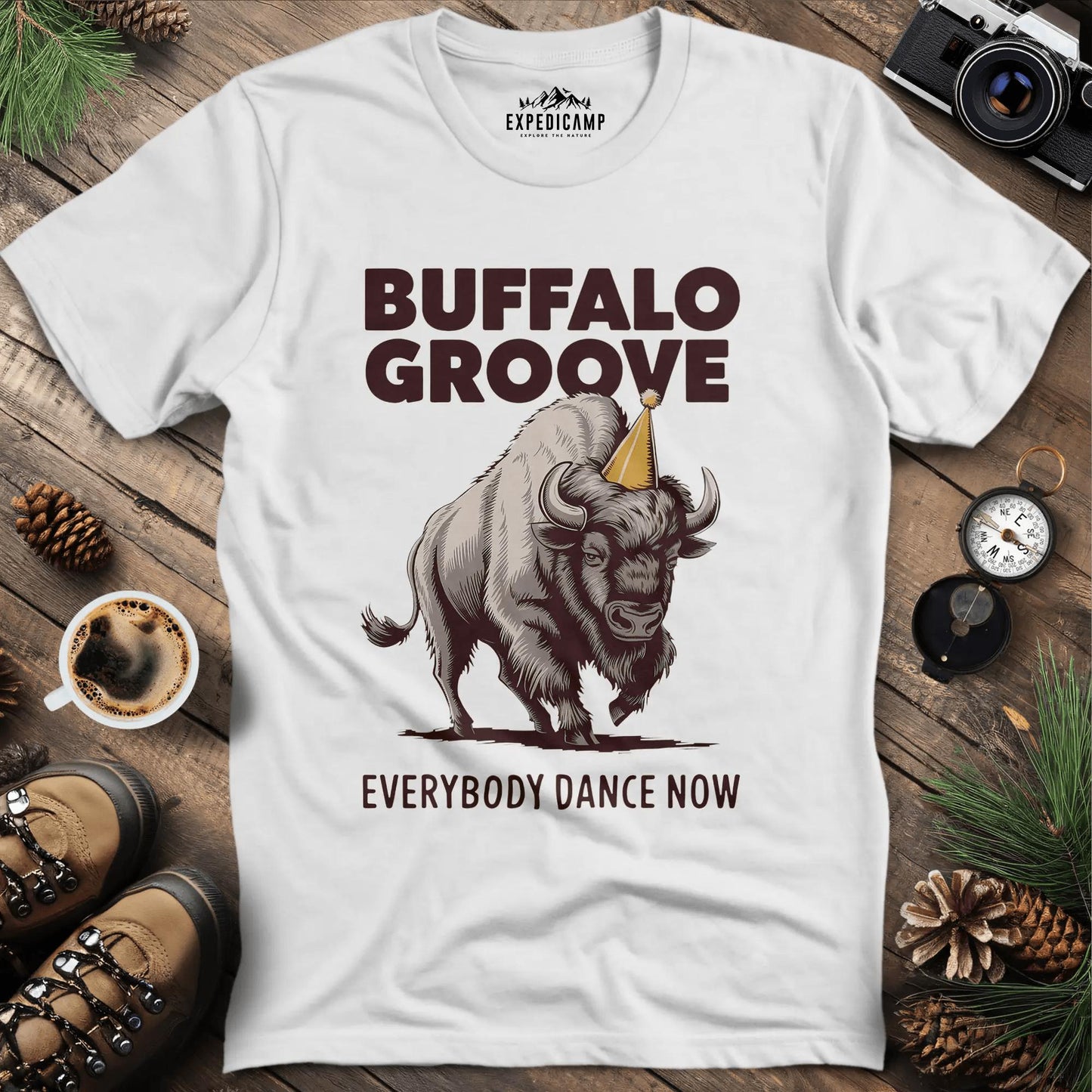 Buffalo Groove T-Shirt – White – Outdoor apparel for travel, hiking, camping, and nature lovers – ExpediCamp