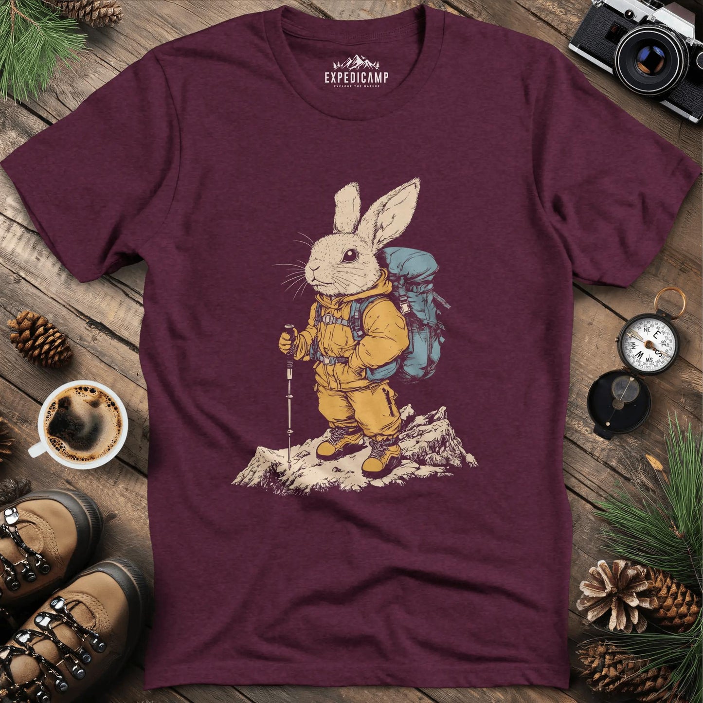 Bunny Hiker T-Shirt – Hop Into Adventure – Heather Maroon – Outdoor apparel for travel, hiking, camping, and nature lovers – ExpediCamp