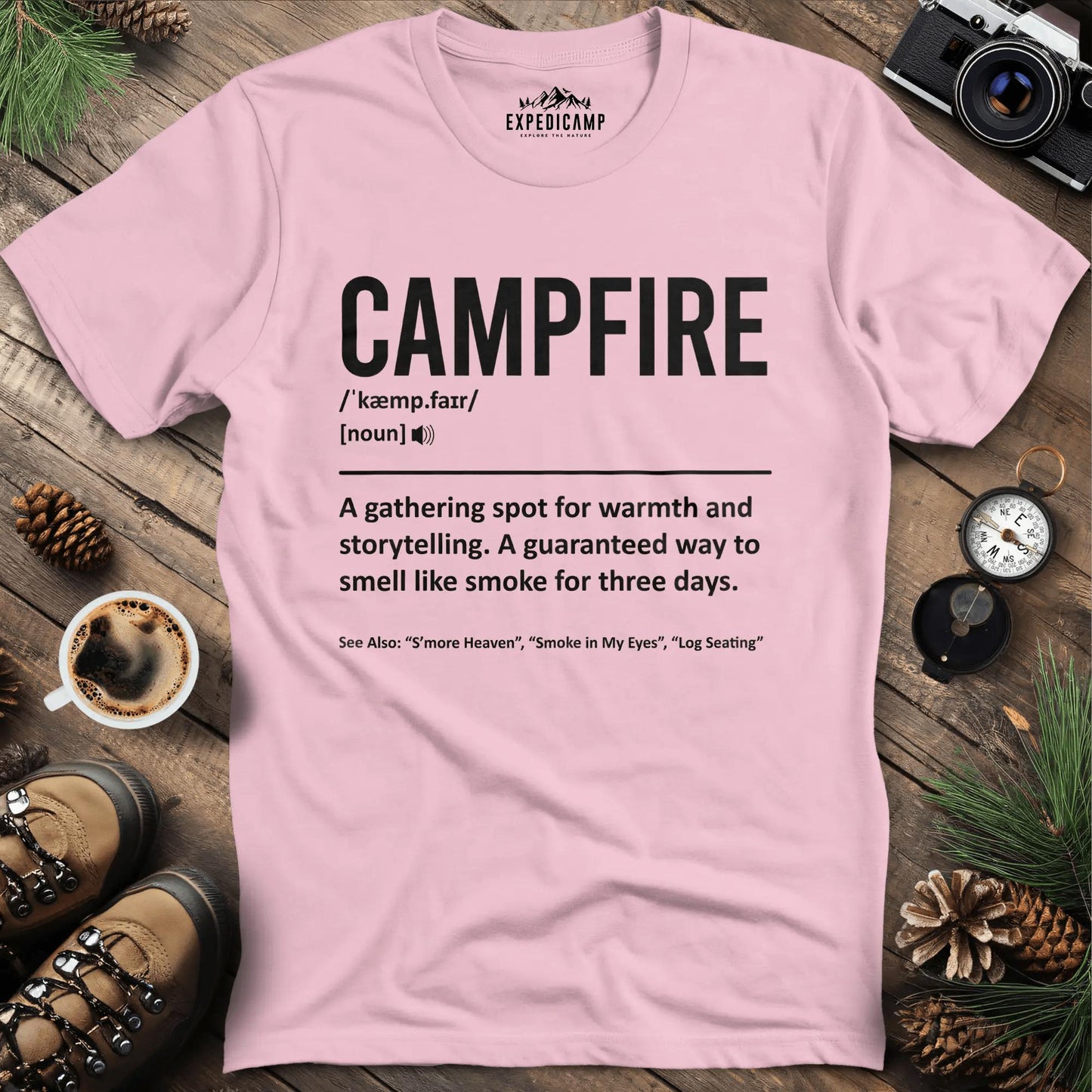 Campfire Definition T-Shirt – Light Pink – Outdoor apparel for travel, hiking, camping, and nature lovers – ExpediCamp
