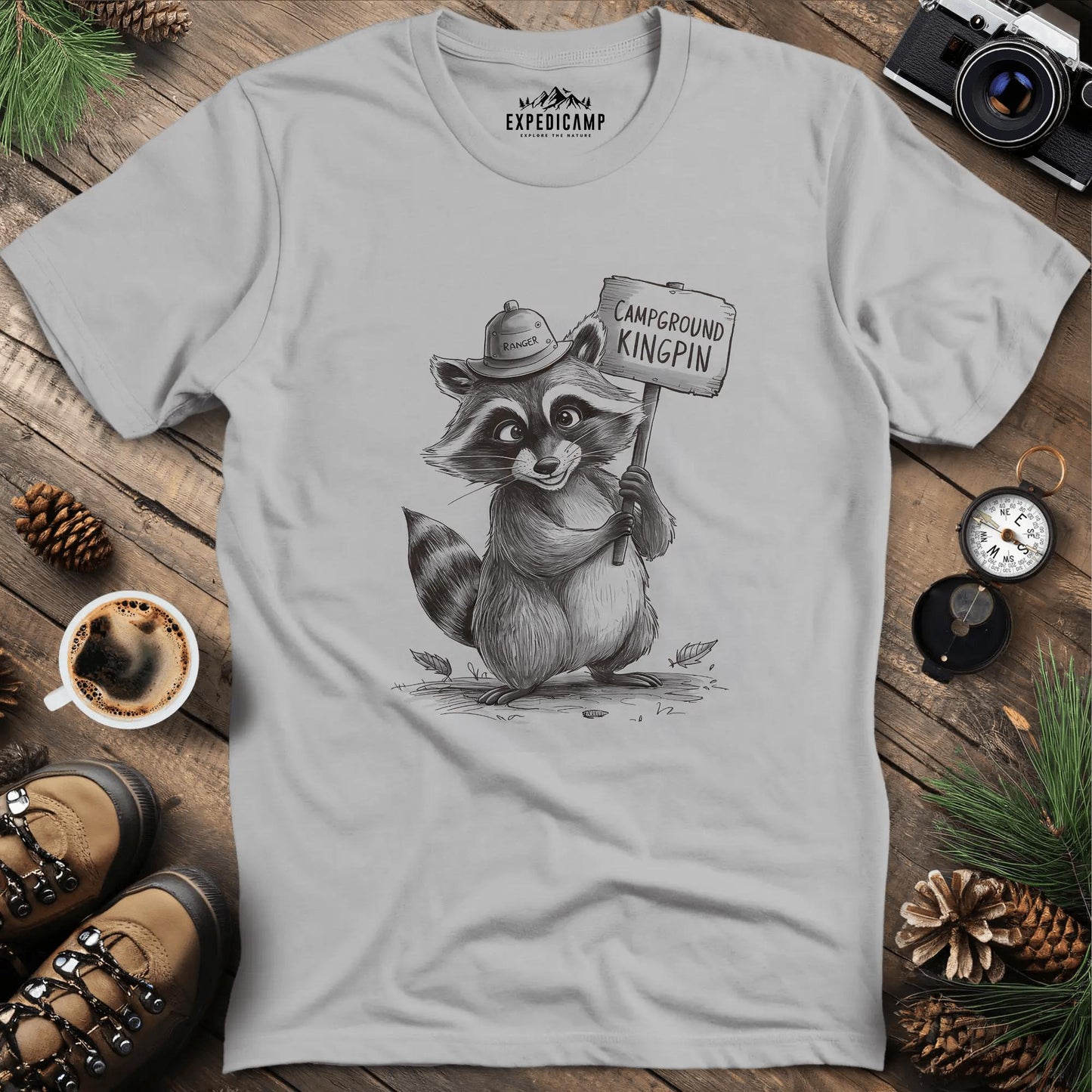 Campground Kingpin Raccoon T-Shirt – Ice Grey – Outdoor apparel for travel, hiking, camping, and nature lovers – ExpediCamp