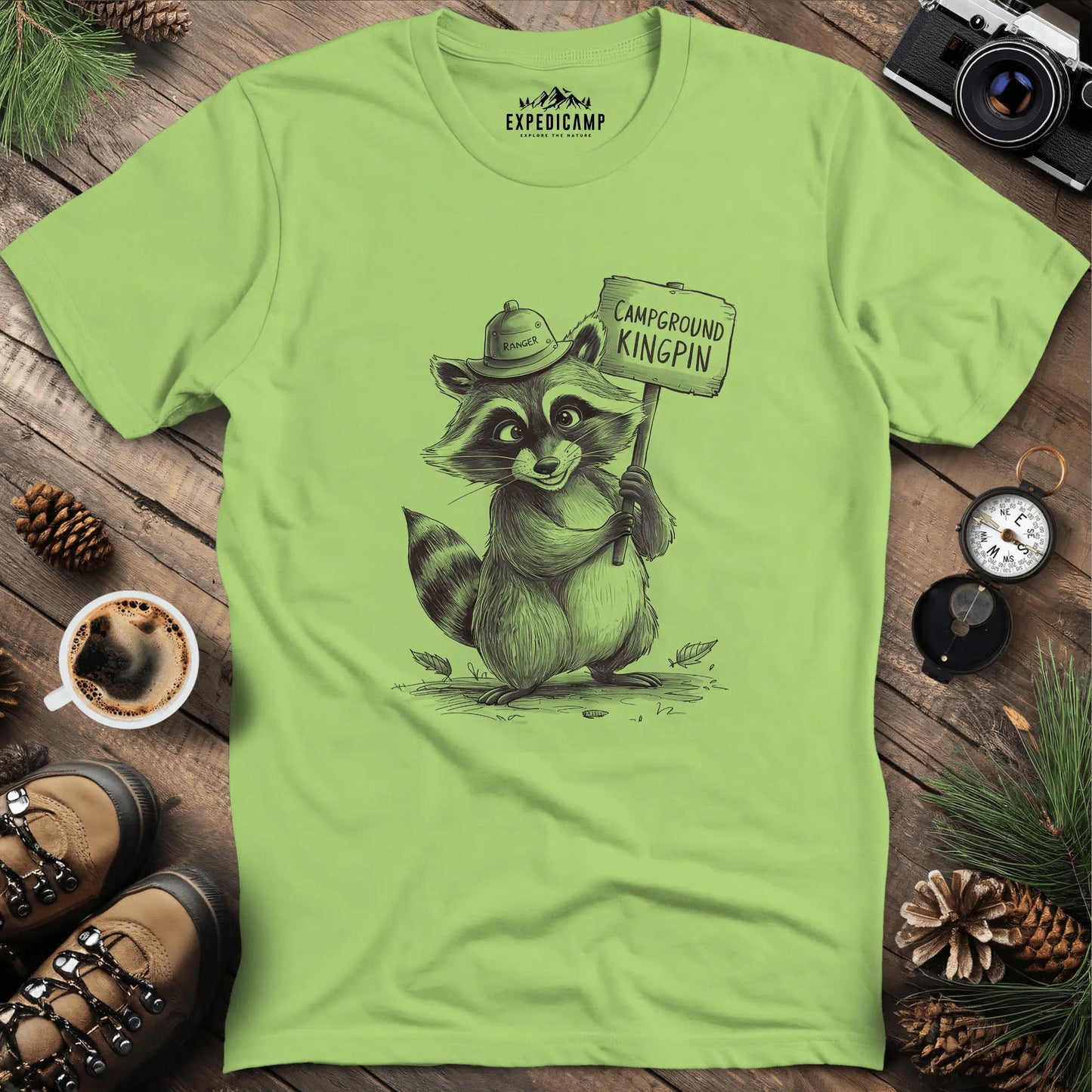 Campground Kingpin Raccoon T-Shirt – Kiwi – Outdoor apparel for travel, hiking, camping, and nature lovers – ExpediCamp